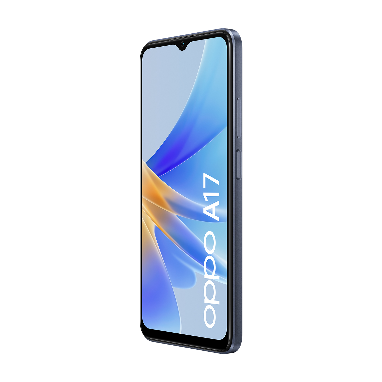 Oppo A17 pod kątem, wyświetlający niebieskie fale. Szary telefon. Białe tło.