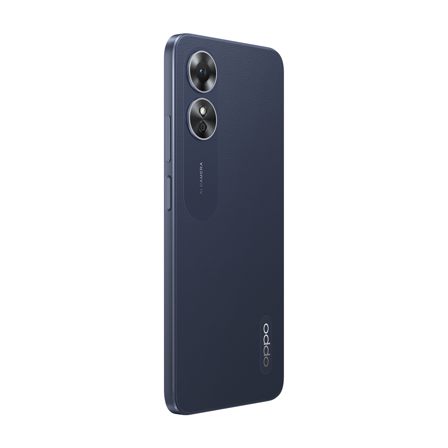 Niebieski tył telefonu Oppo z dwoma obiektywami i logo Oppo.