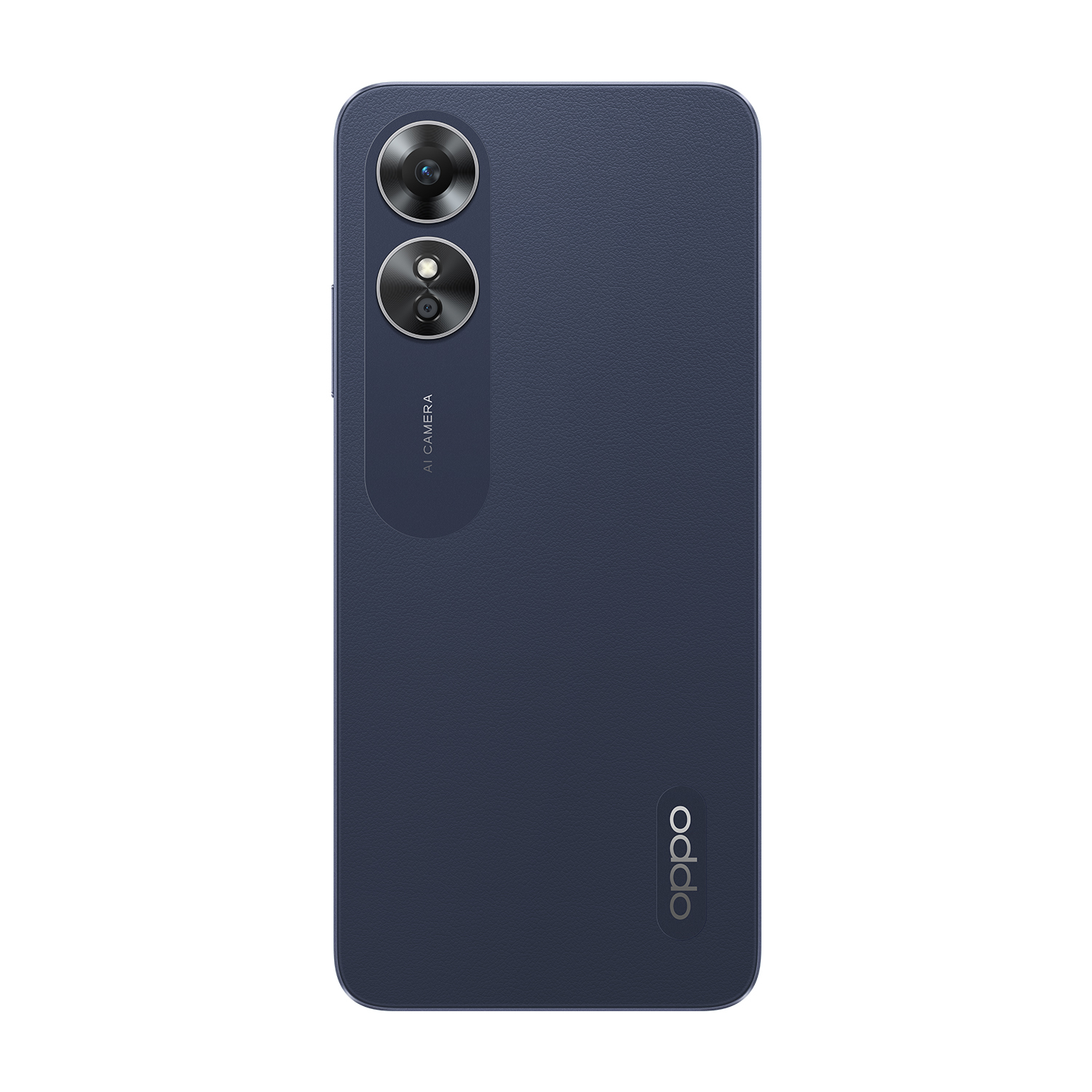 Widok z tyłu niebieskiego telefonu. Podwójne kamery i logo Oppo. Izolowane na białym.