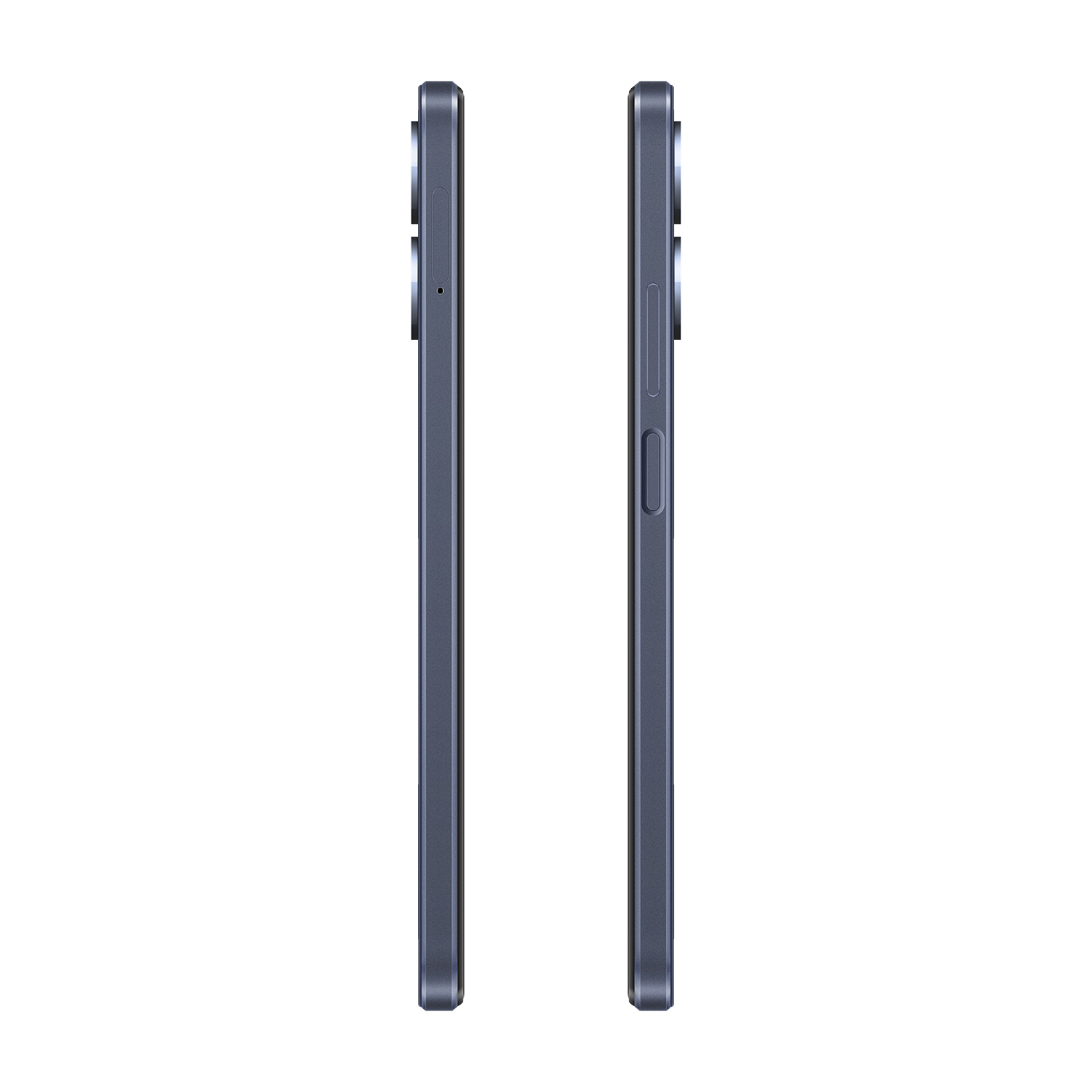 Dwa ciemnoniebieskie smartfony obok siebie, pokazujące krawędzie.