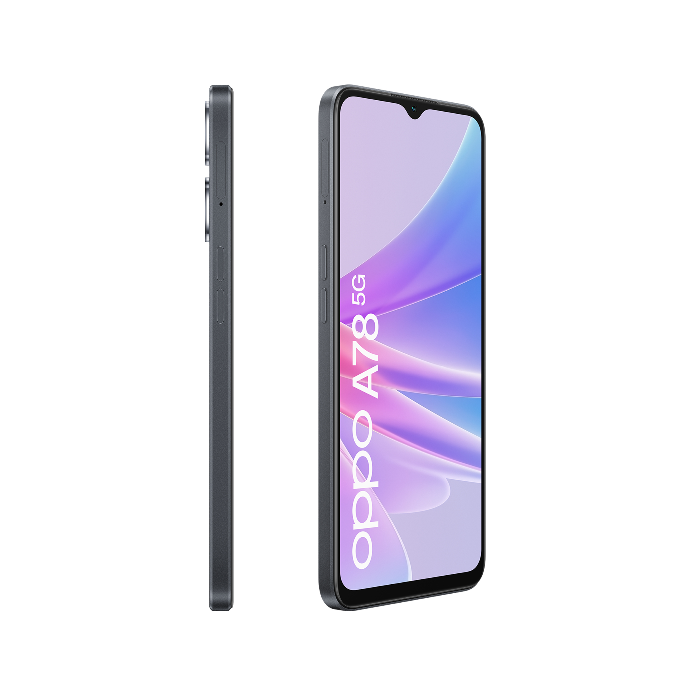 Telefon Oppo A78 5G, ciemnoszary. Widok z boku, pokazujący przyciski. Widok pod kątem ekranu z fioletowym i niebieskim wzorem.