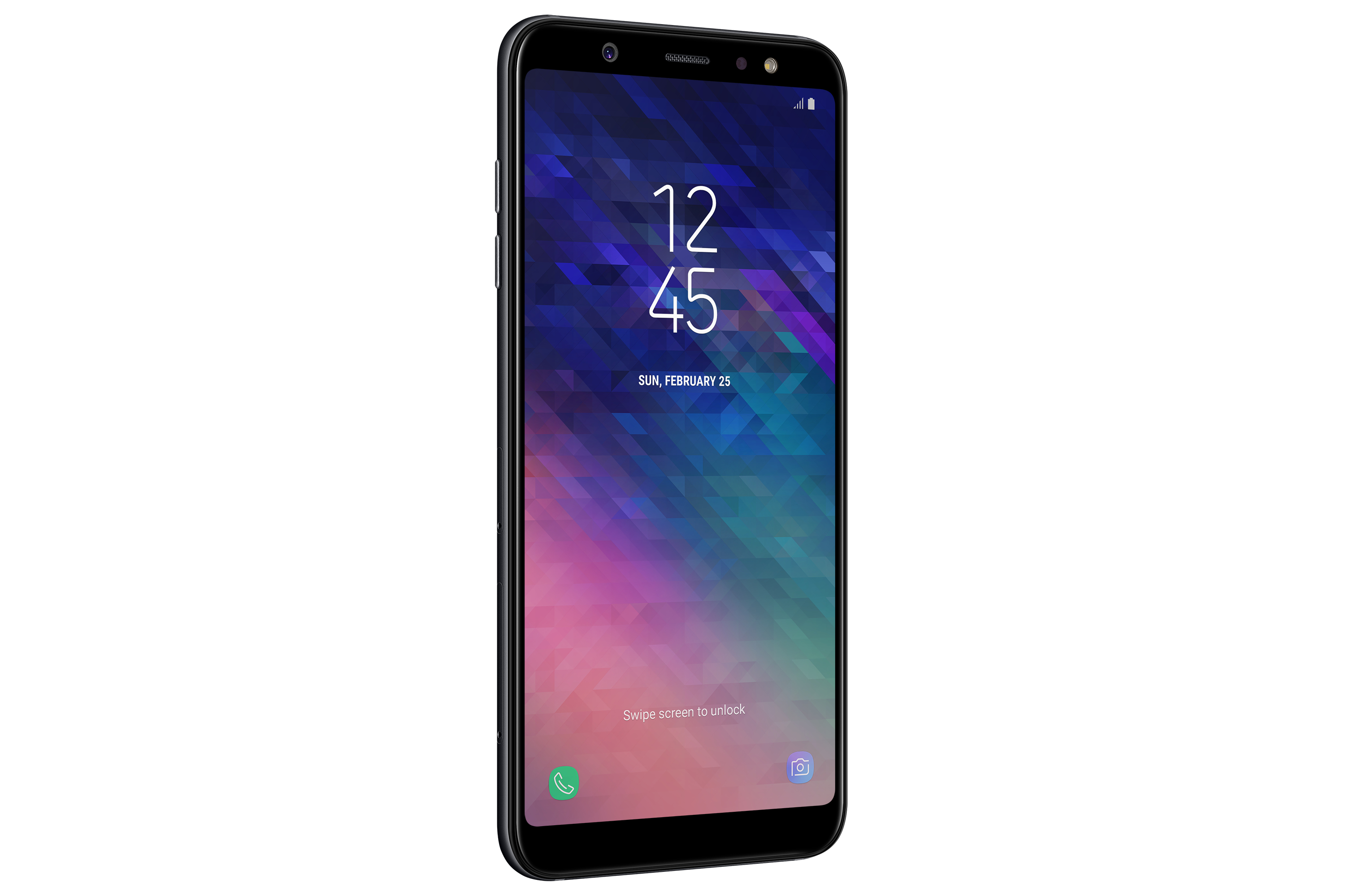 Schwarzes Samsung-Handy mit Anzeige von Uhrzeit und Datum. Auf weißem Hintergrund, Telefon nach rechts geneigt.