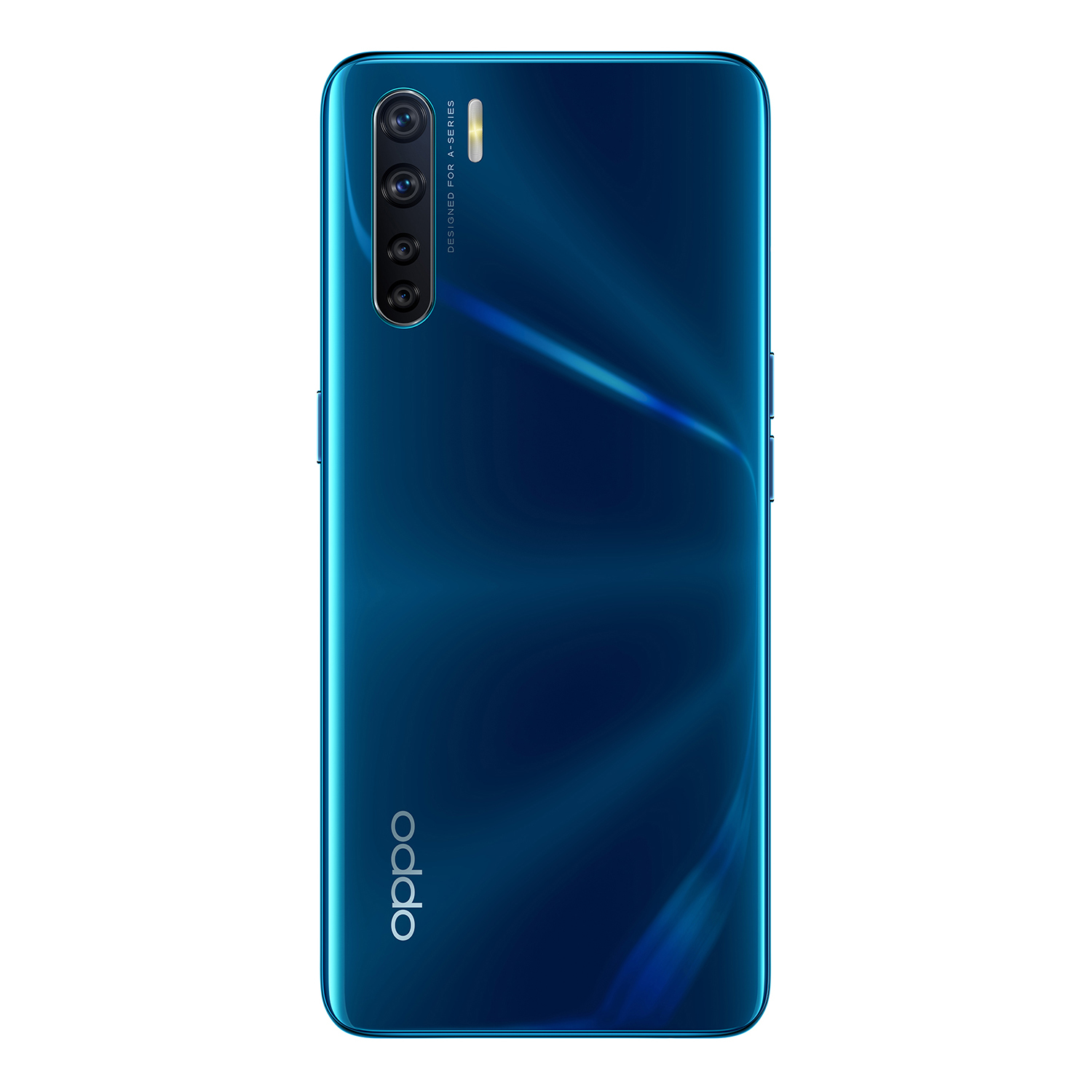 Blaue Oppo-Telefonrückseite. Vertikale Kamera und Oppo-Logo. Weißer Hintergrund.