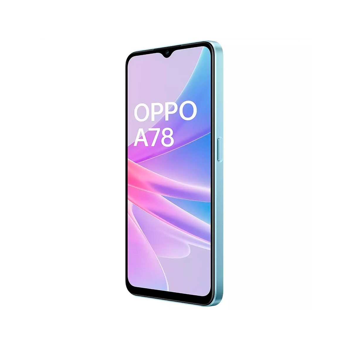 Teléfono OPPO azul claro con una pantalla que muestra la marca y el diseño.