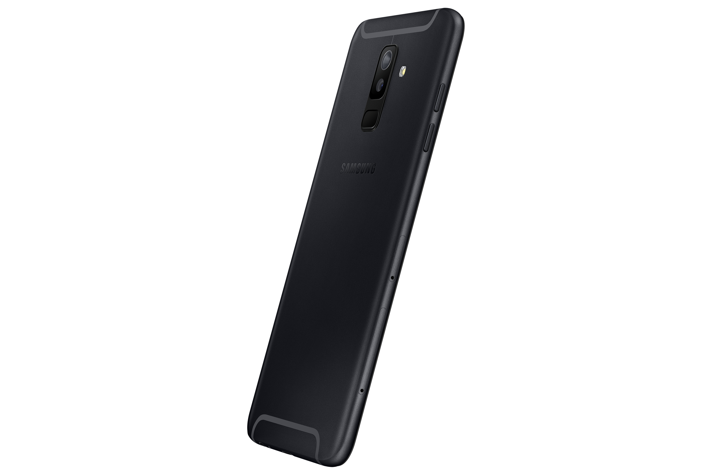 Schwarzes Telefon auf weißem Hintergrund, schräge Ansicht, Rückseite sichtbar.