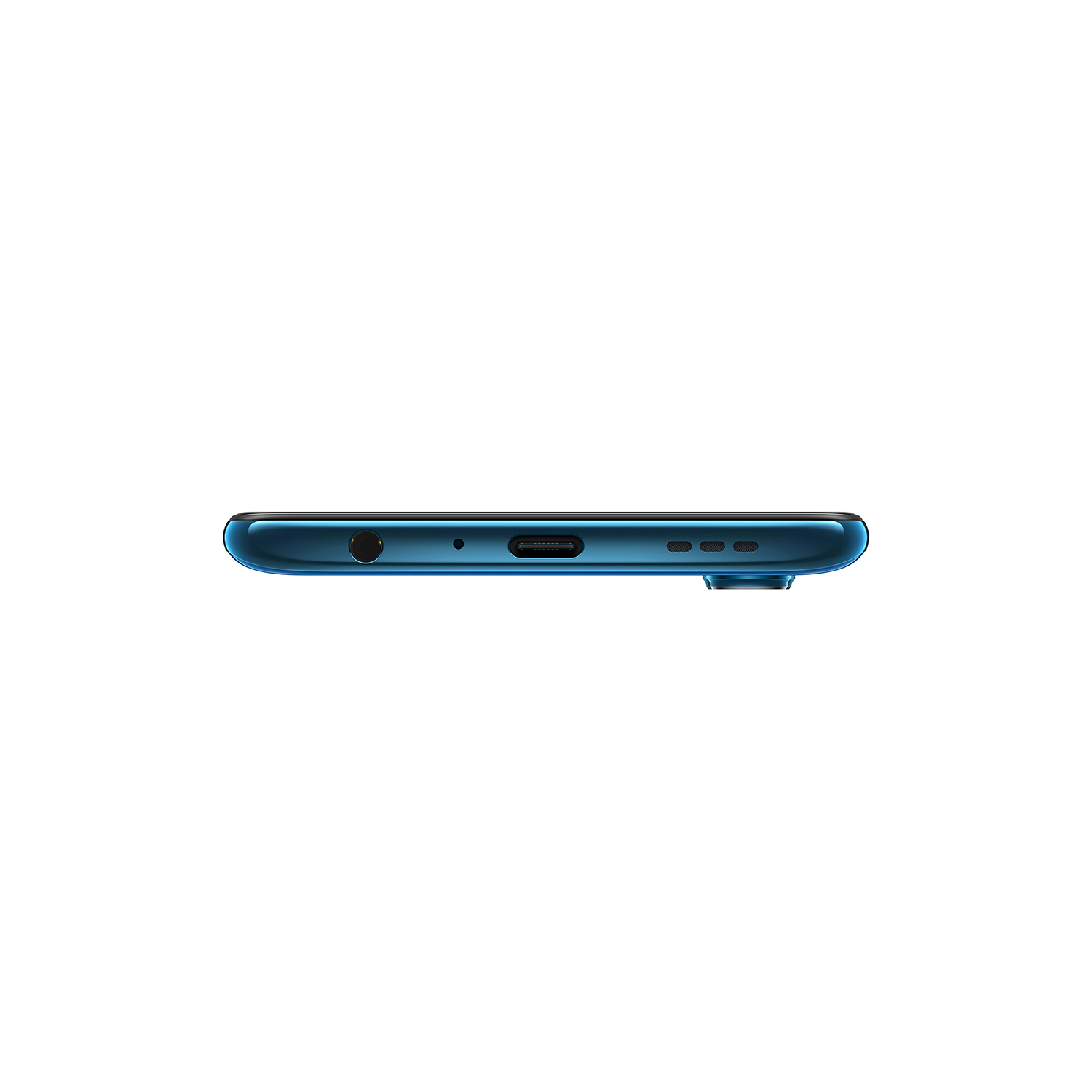 Blaues Telefon unten mit Anschlüssen, weißer Hintergrund.