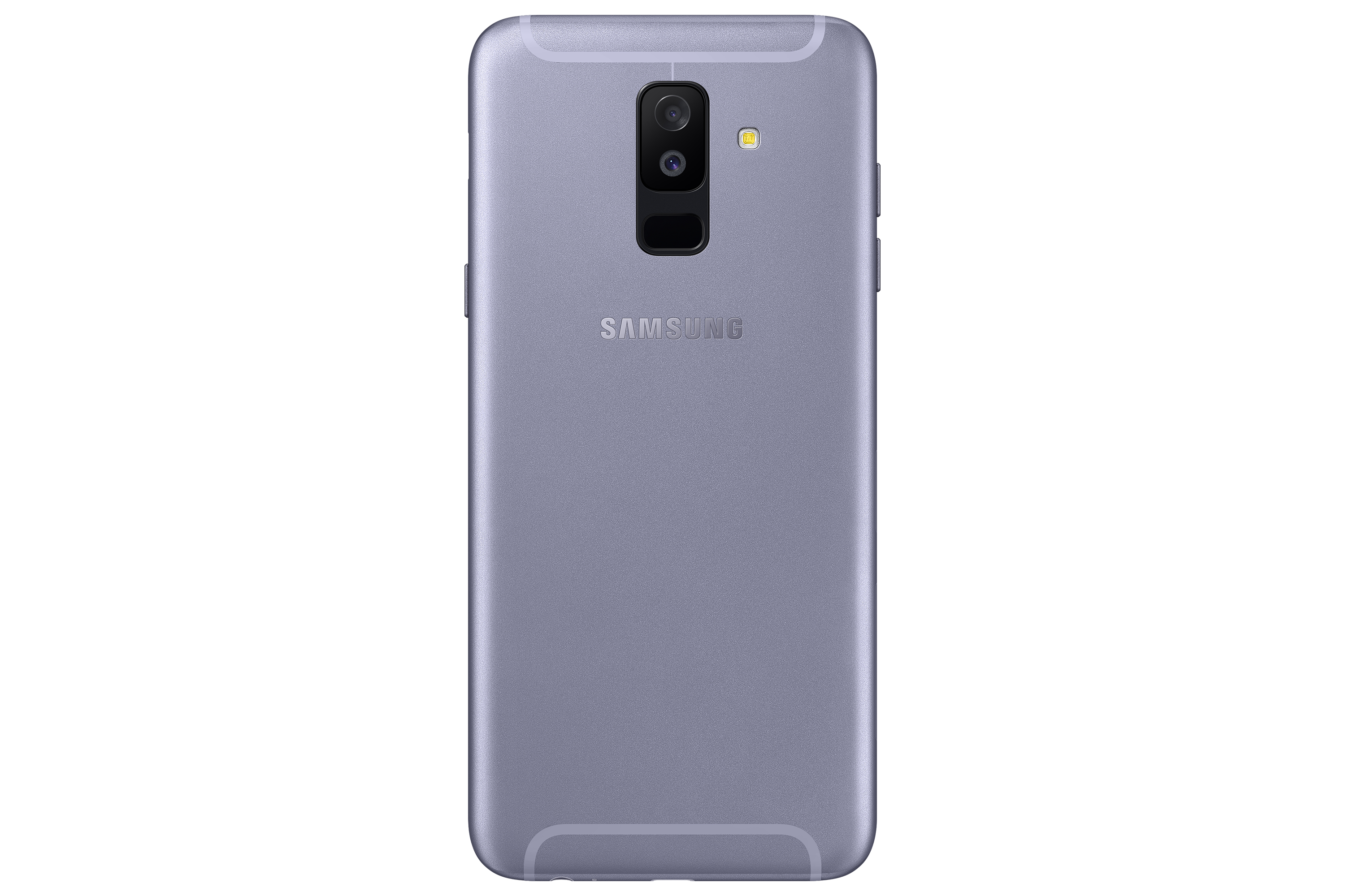 Retro di smartphone viola con una singola fotocamera e il logo Samsung. Su sfondo bianco.