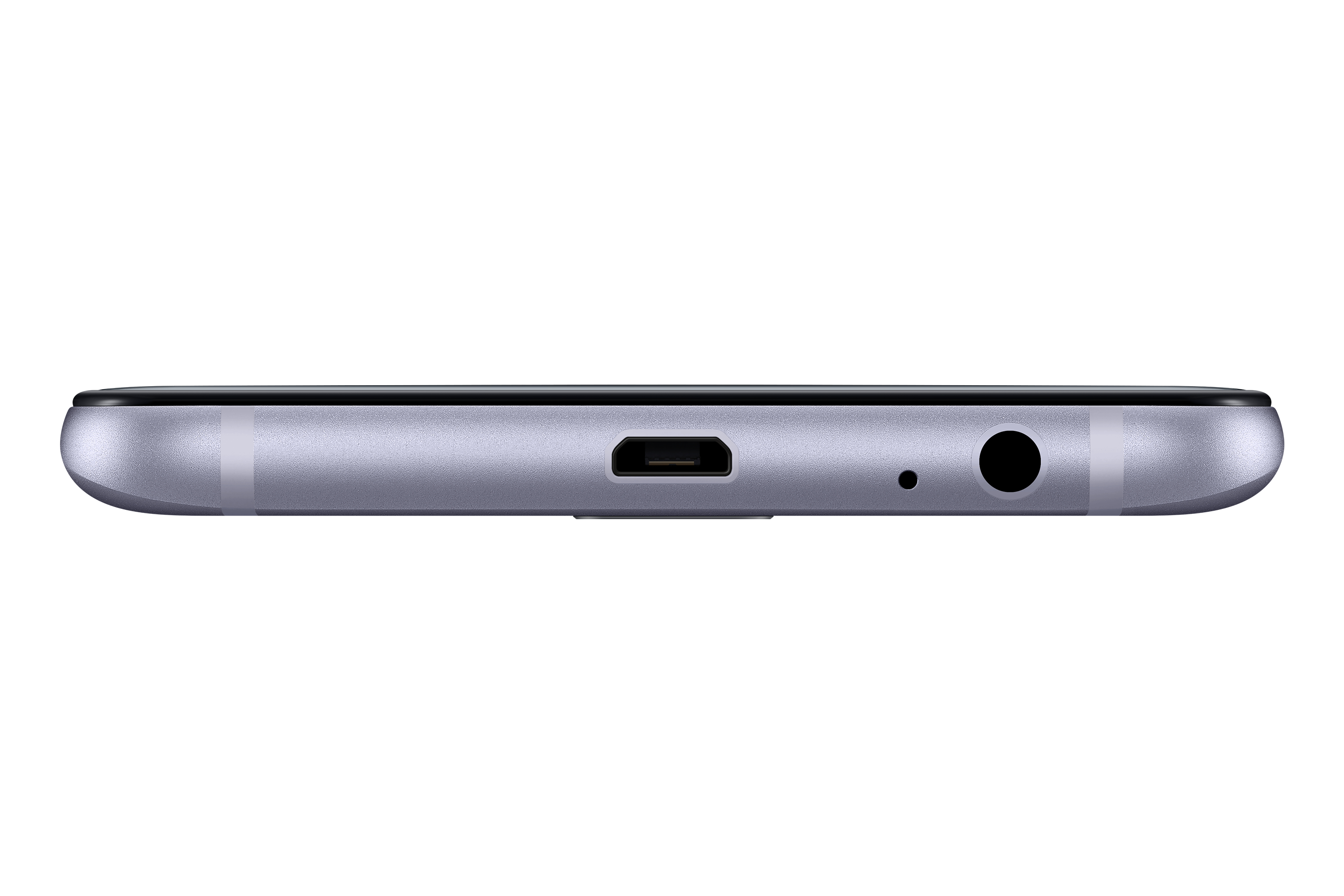 Il bordo inferiore di uno smartphone viola, che mostra una porta e un jack per cuffie.