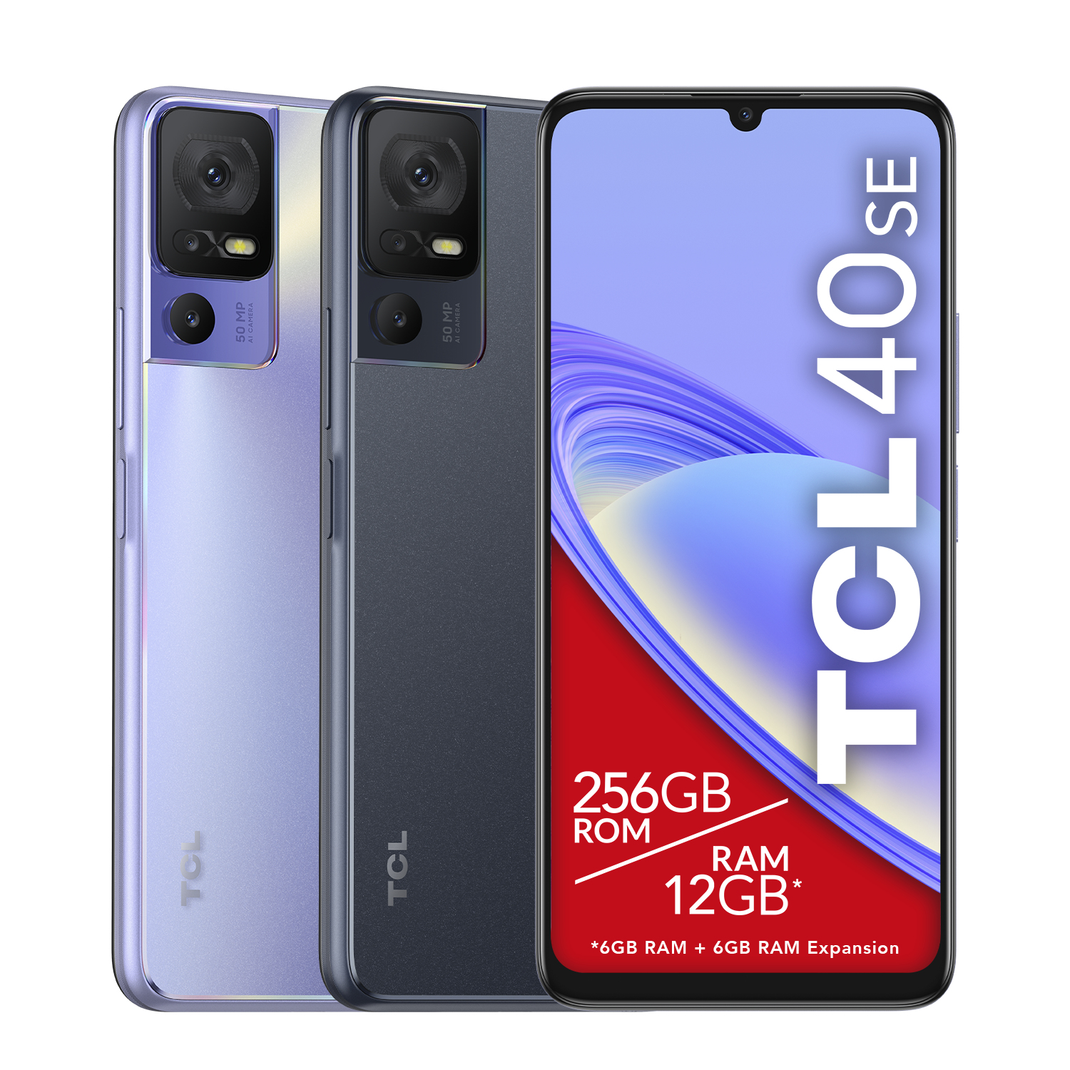 Tres teléfonos TCL 40 SE: morado, gris y negro. La pantalla muestra 256 GB ROM, 12 GB RAM.