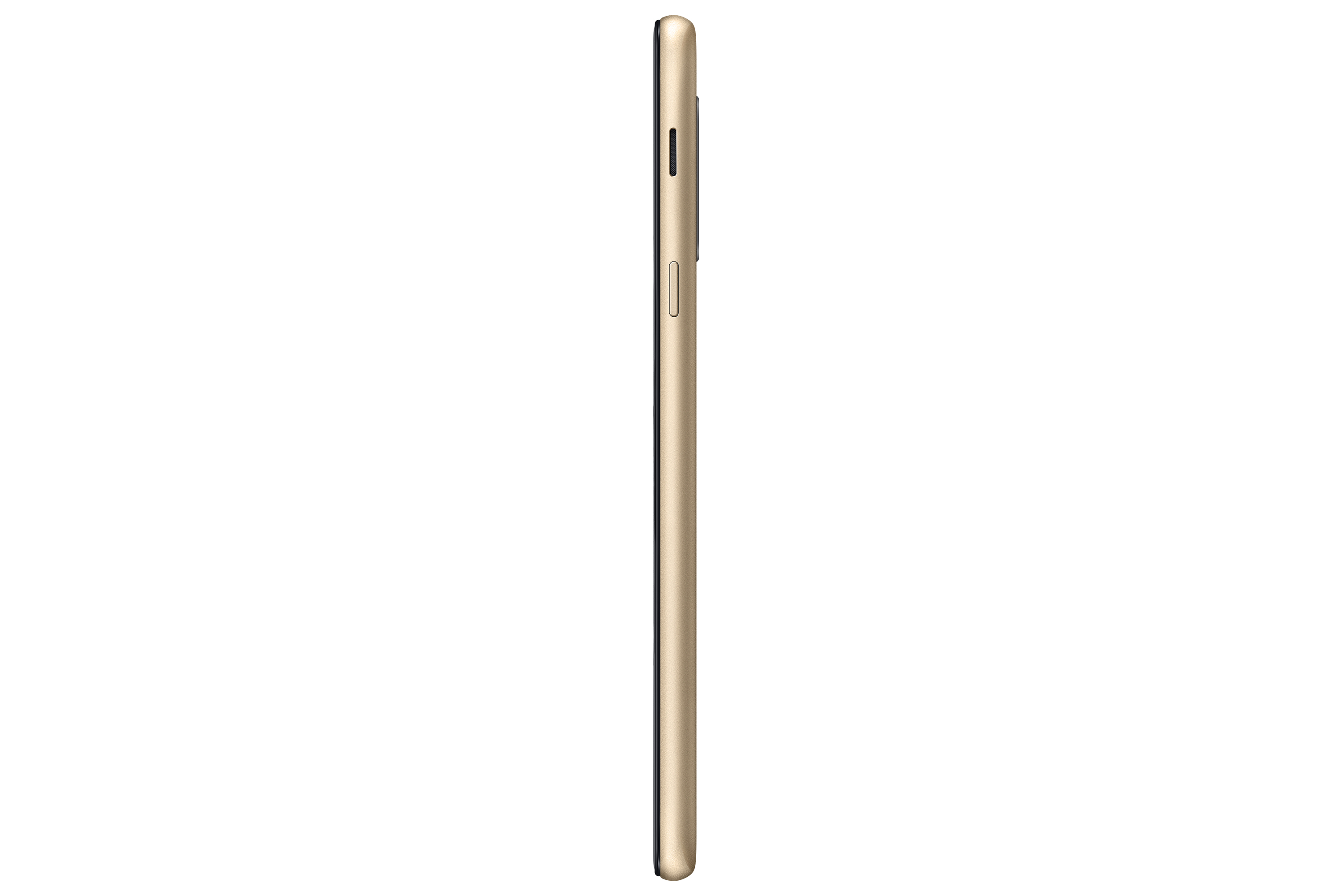 Vista laterale di uno smartphone sottile, color oro. Mostra i pulsanti laterali e un design elegante.