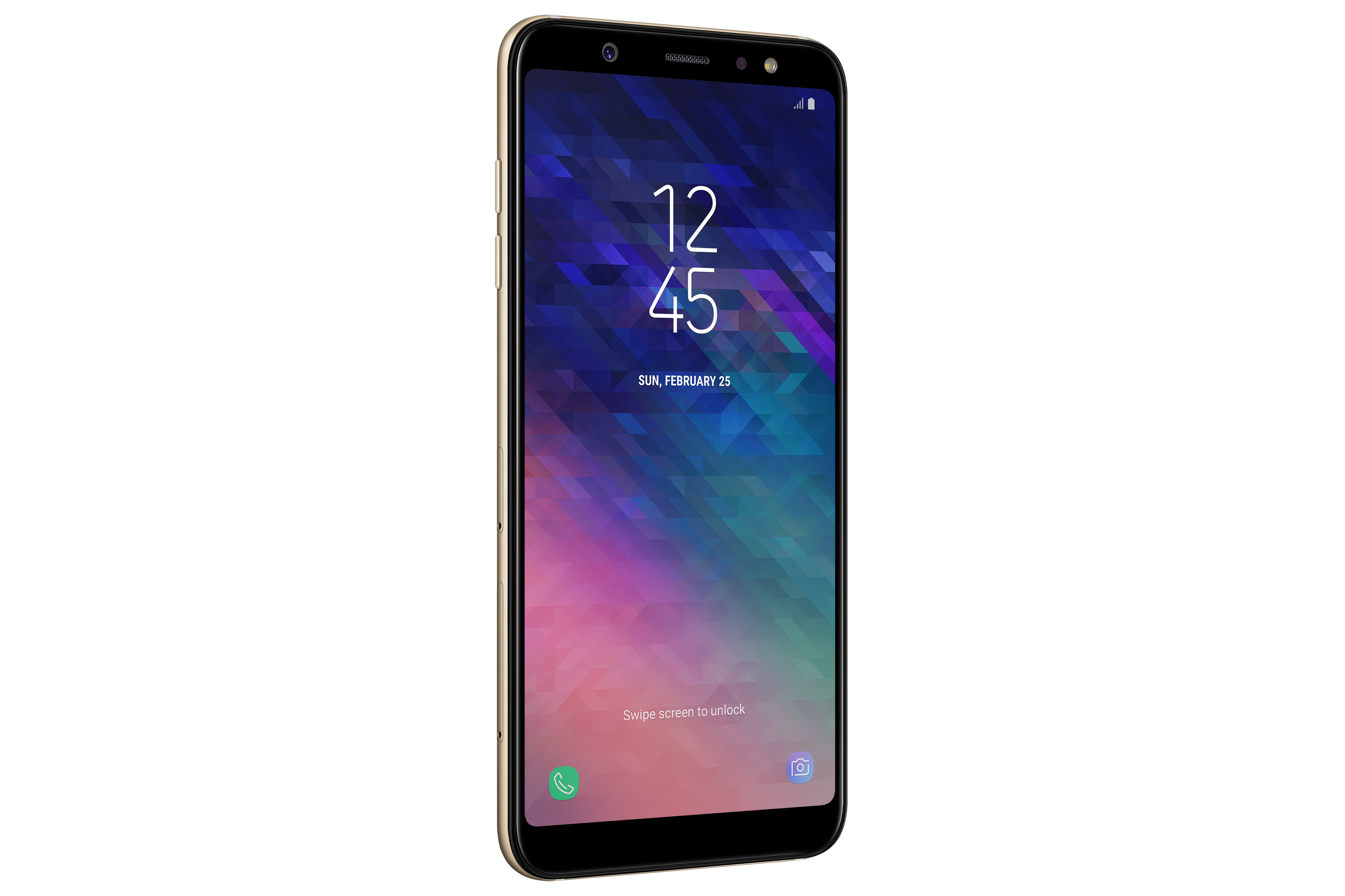 Telefono Samsung rosa, vista angolata. Lo schermo mostra l'ora e le app. Sfondo bianco.