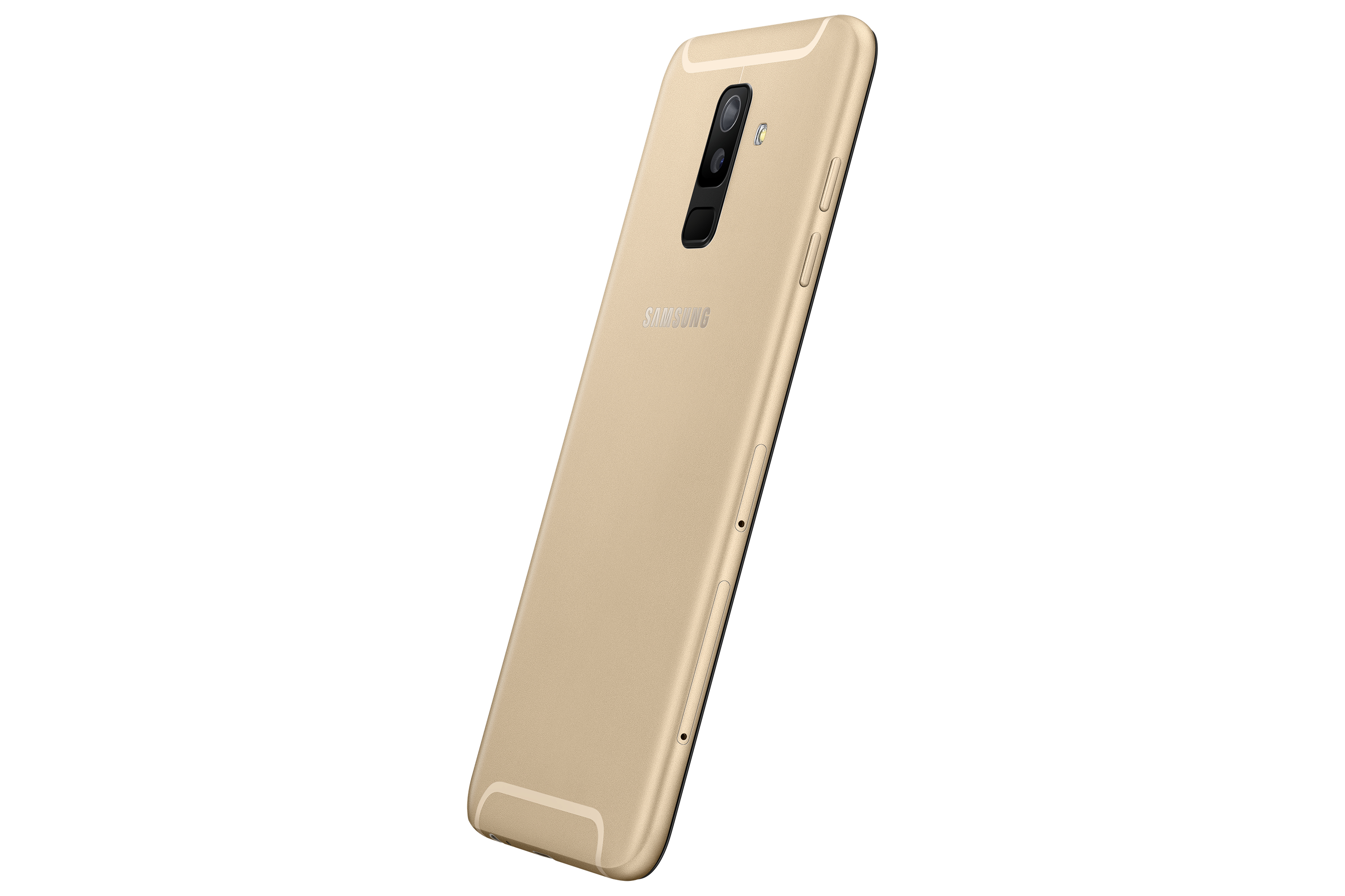 Un telefono dorato angolato, che mostra il retro con SAMSUNG e una fotocamera.