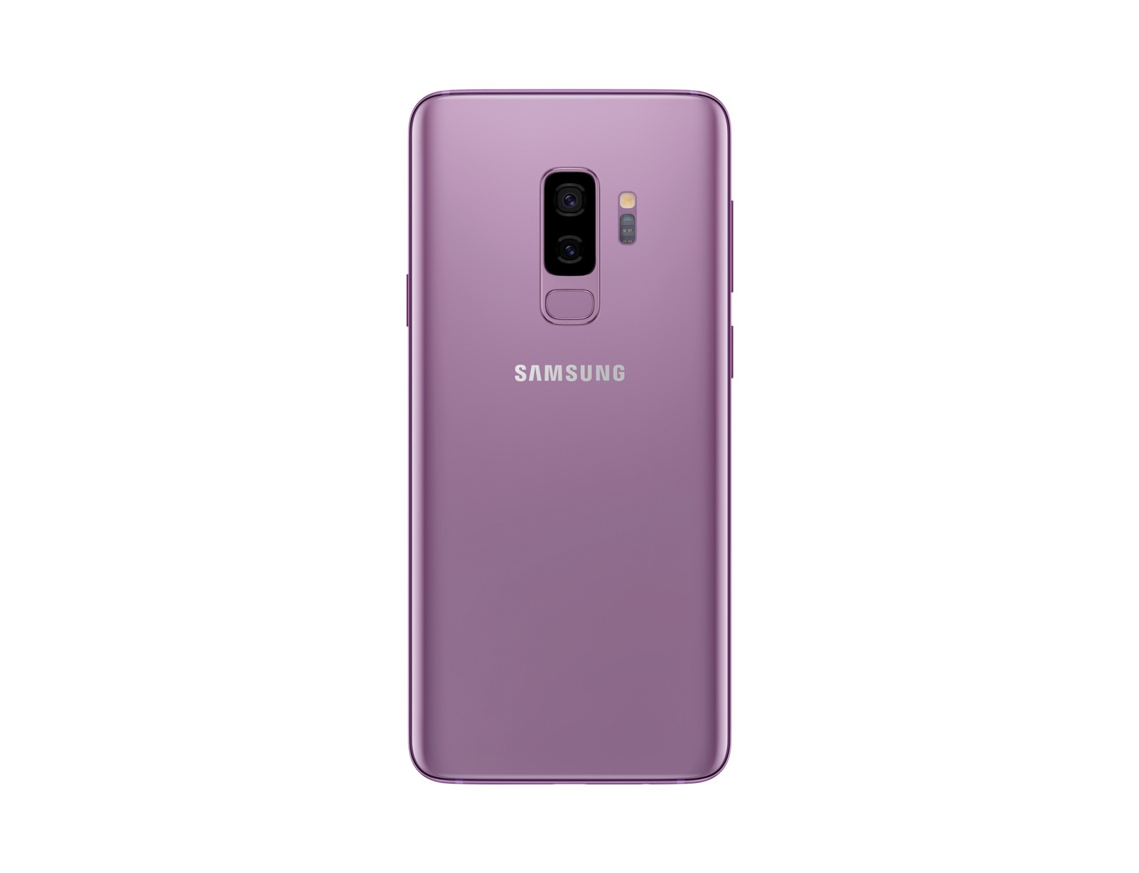 Die Rückseite eines lila Smartphones mit Dual-Kamera und Samsung-Logo, weißer Hintergrund.