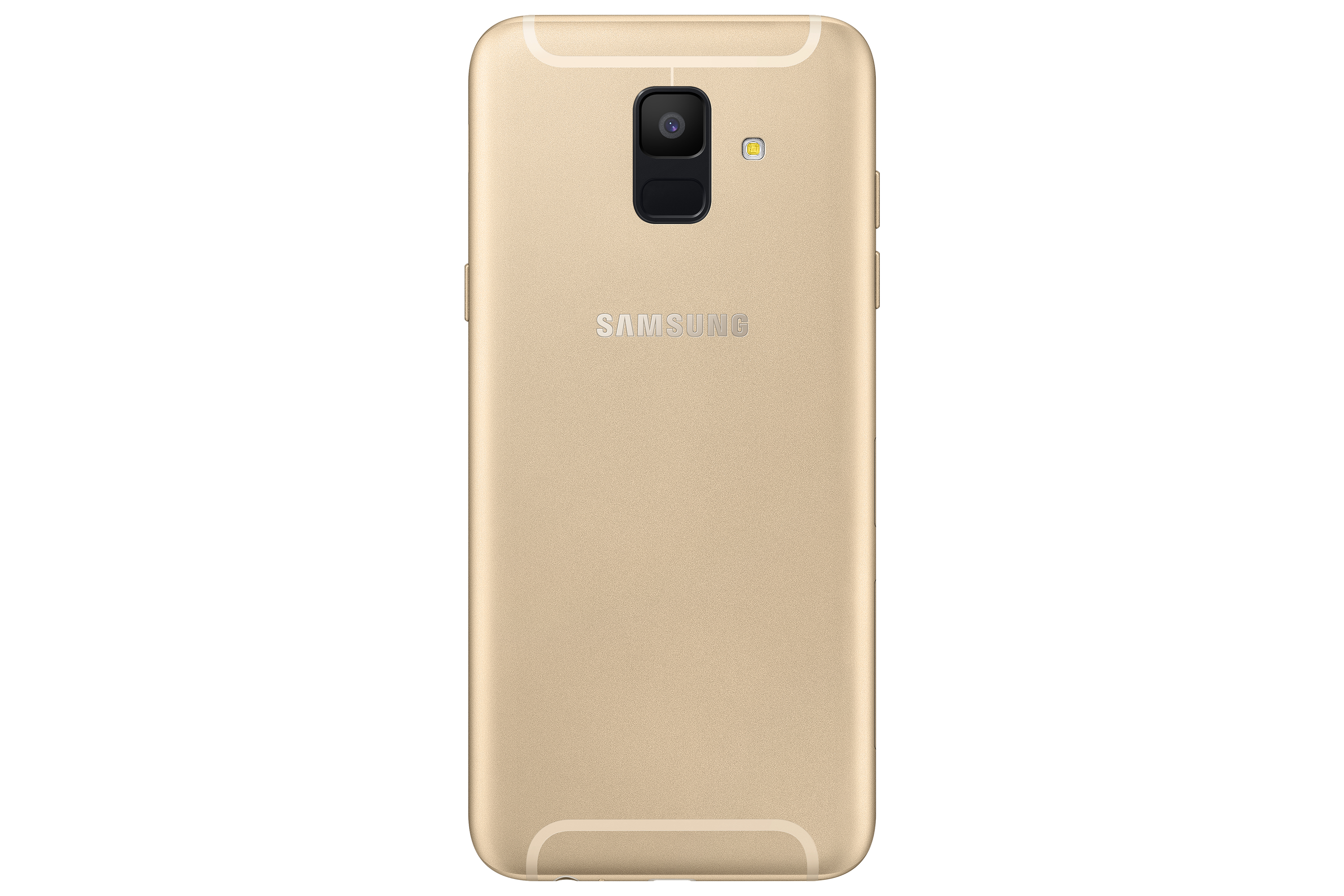 Goldene Samsung-Telefonrückseite mit Kamera. Weißer Hintergrund.