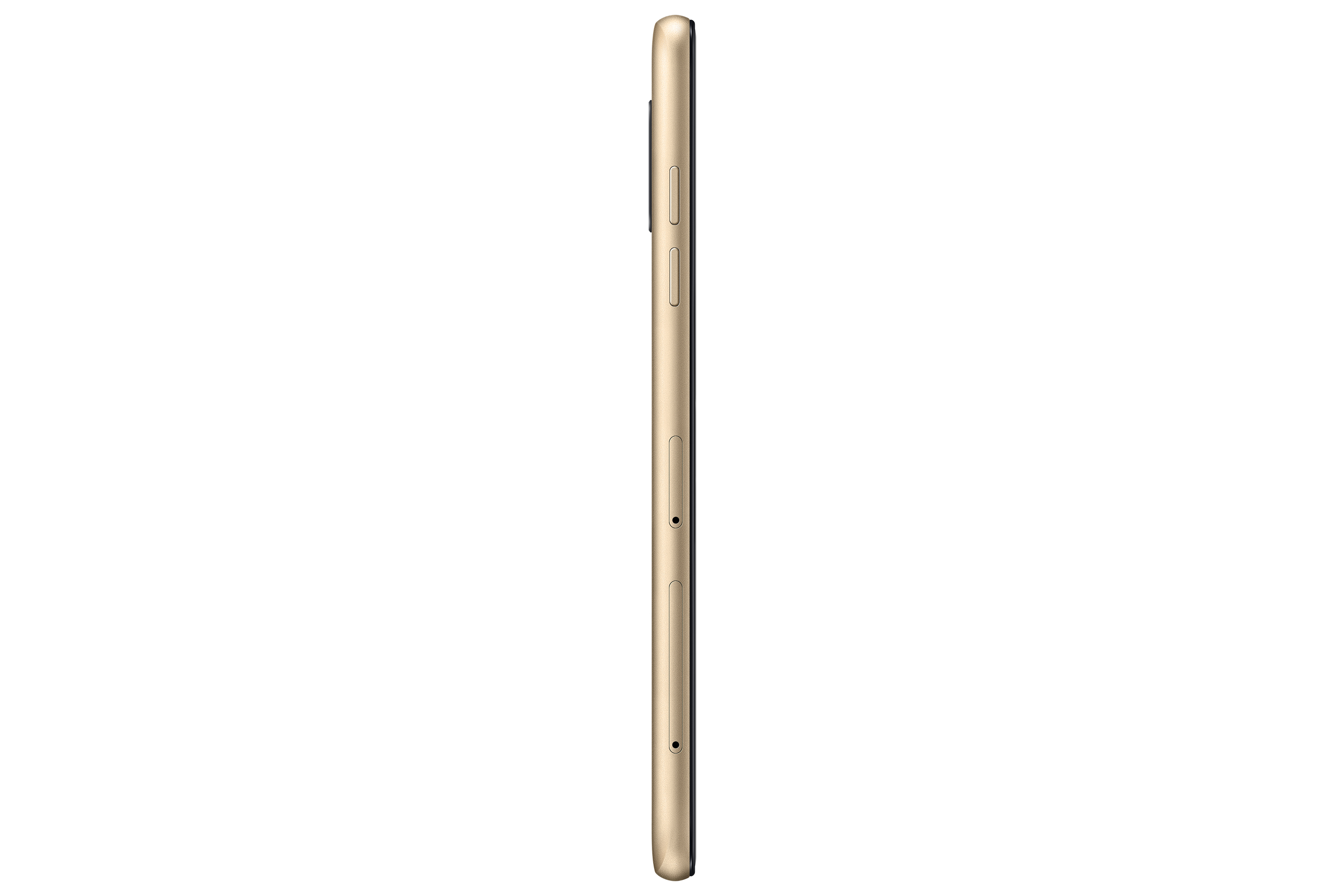 Goldenes Telefon, Seitenansicht, Tasten, Anschlüsse, weißer Hintergrund.
