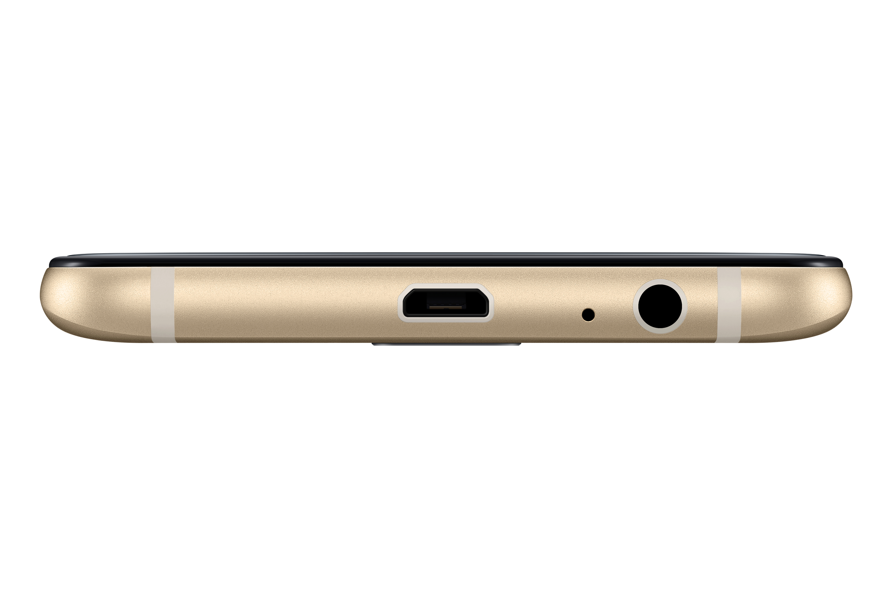 Smartphone-Unterseite mit Ladeanschluss, Kopfhöreranschluss und Mikrofon. Goldene Farbe. Weißer Hintergrund.