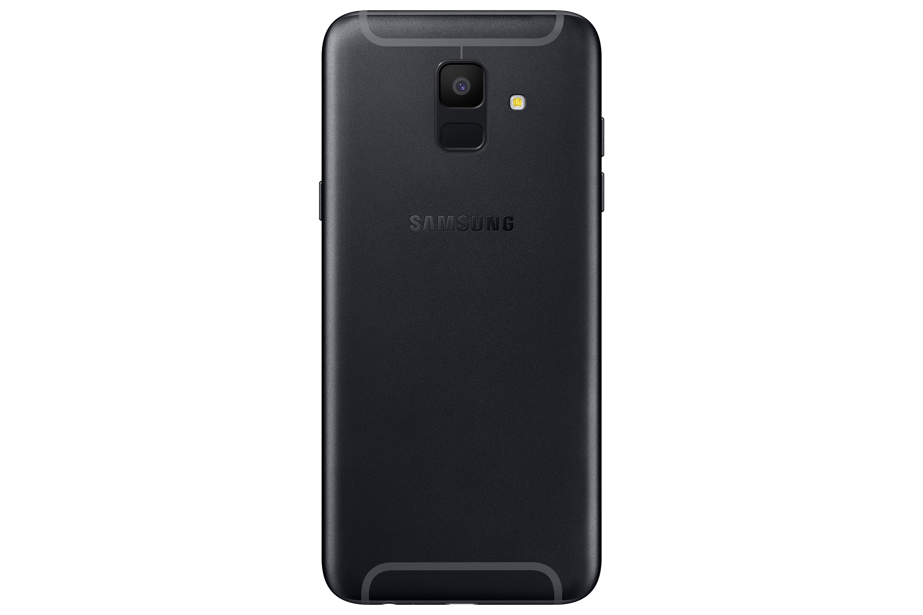 Rückseite eines schwarzen Samsung-Telefons mit Kamera, Blitz und mittigem Samsung-Logo.