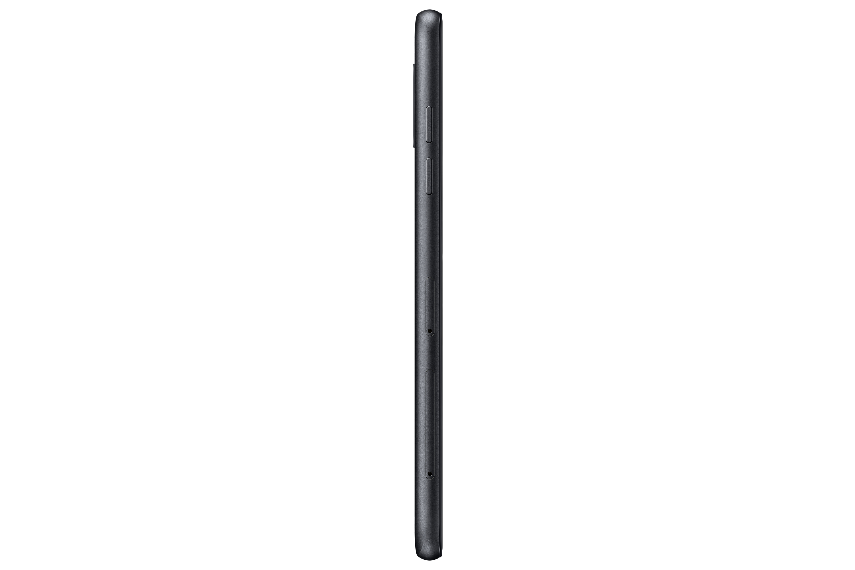 Seitenansicht des schwarzen Smartphones mit Tasten und einem schlanken, minimalistischen Design.