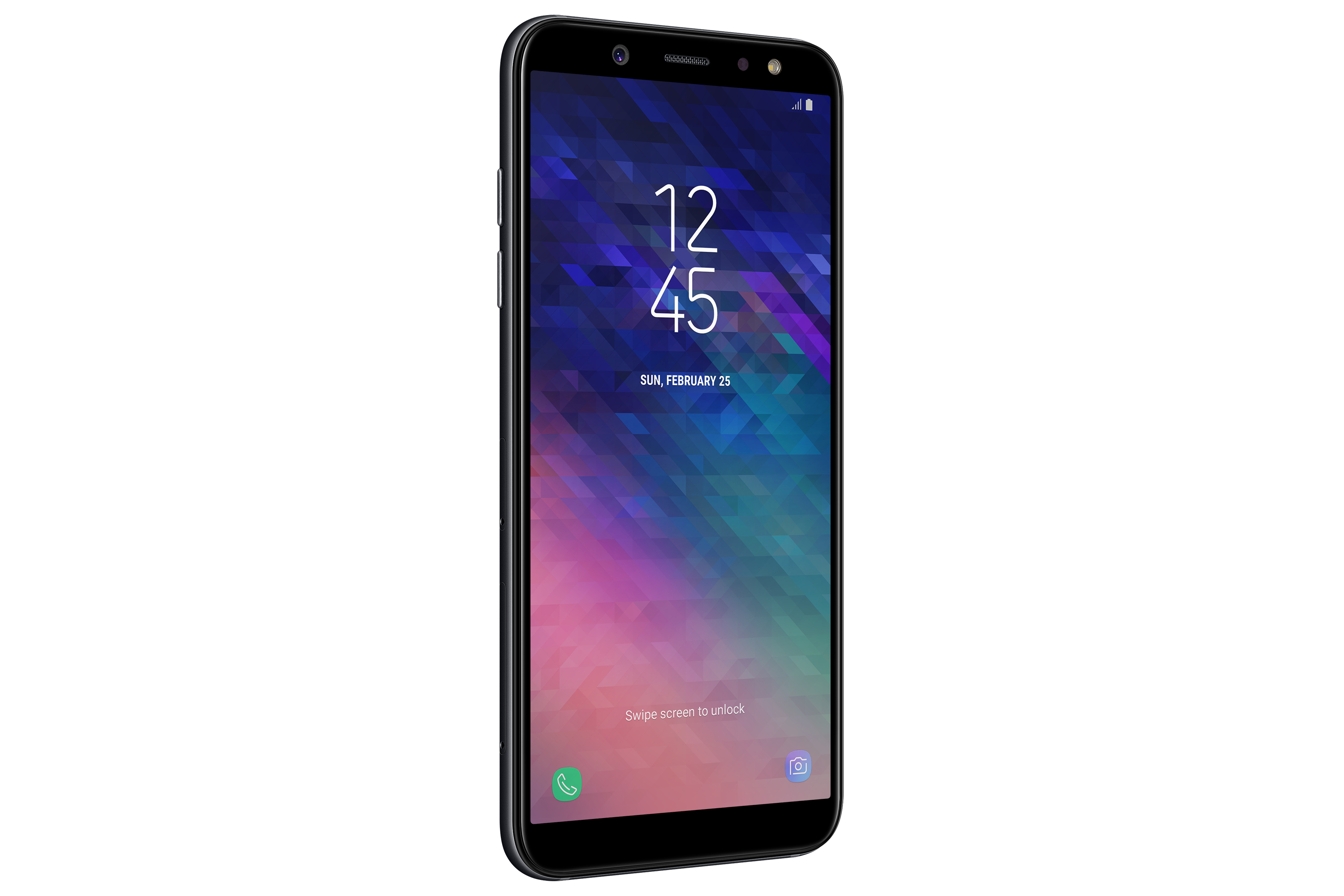 Ein schwarzes Smartphone mit farbenfrohem Bildschirm, der ein Muster anzeigt, nach rechts abgewinkelt.