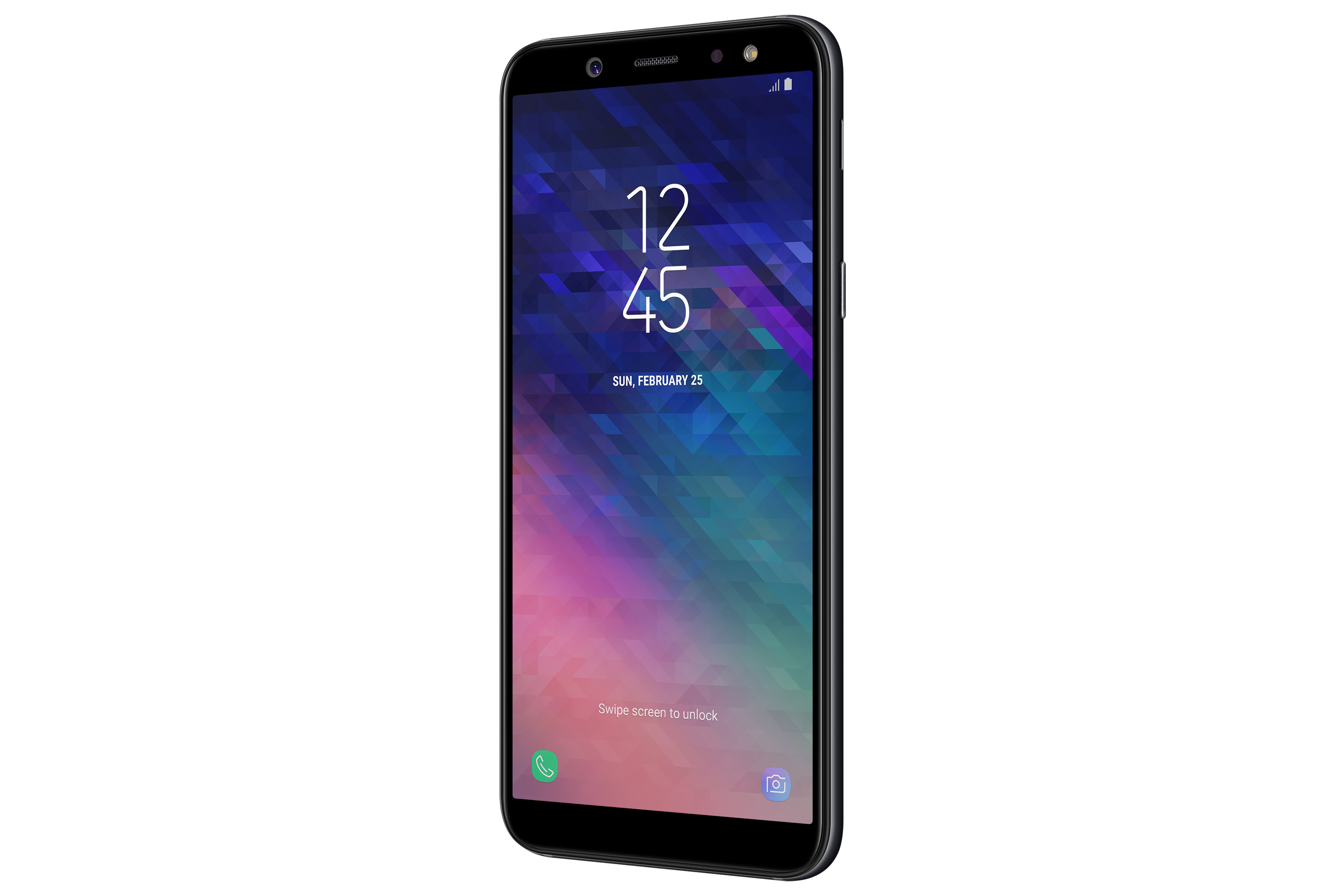 Schwarzes Samsung-Telefon, das die Uhrzeit und einen farbenfrohen Hintergrund zeigt.