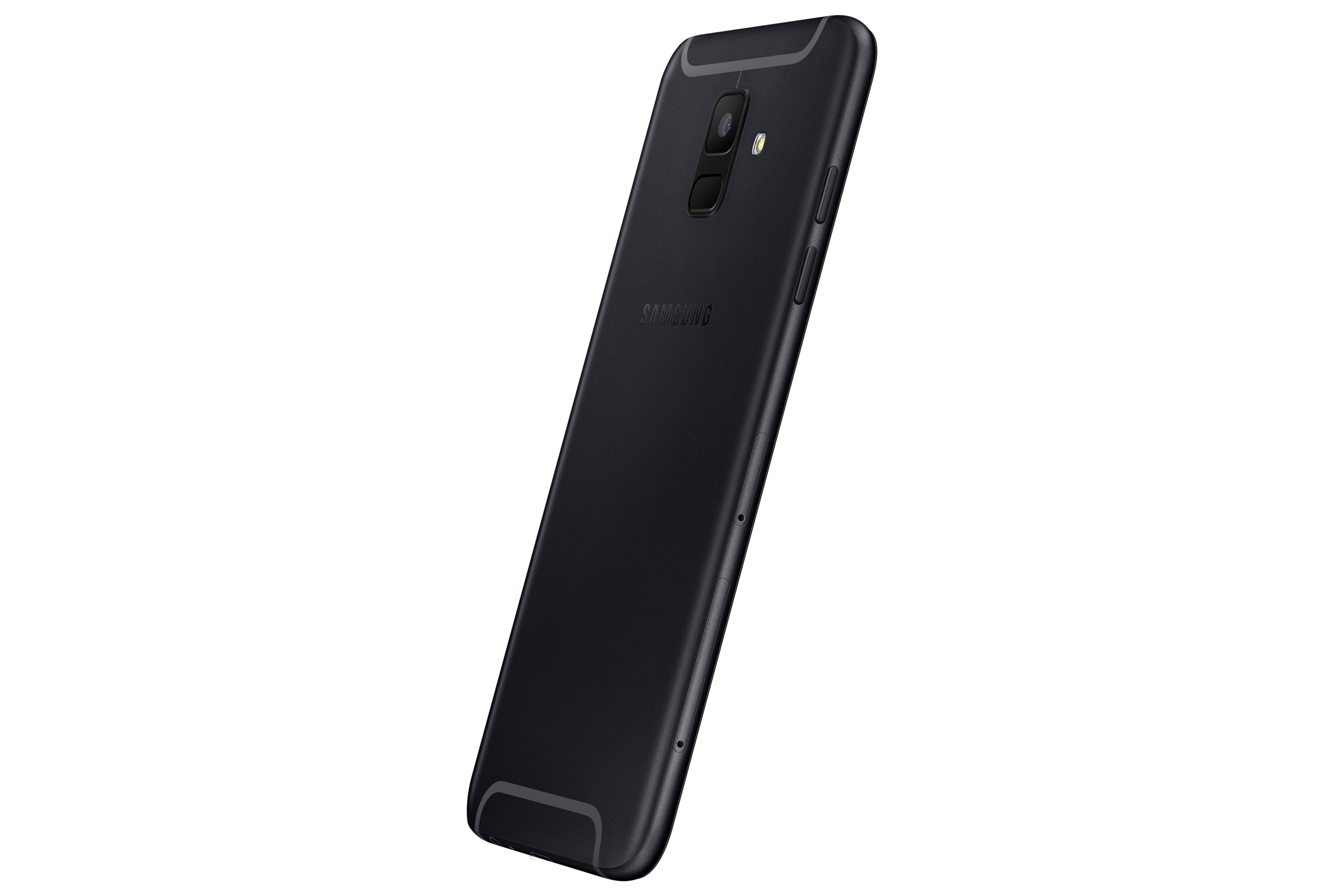Schwarzes Samsung Telefon, Rückansicht, Kamera und Logo zeigend.