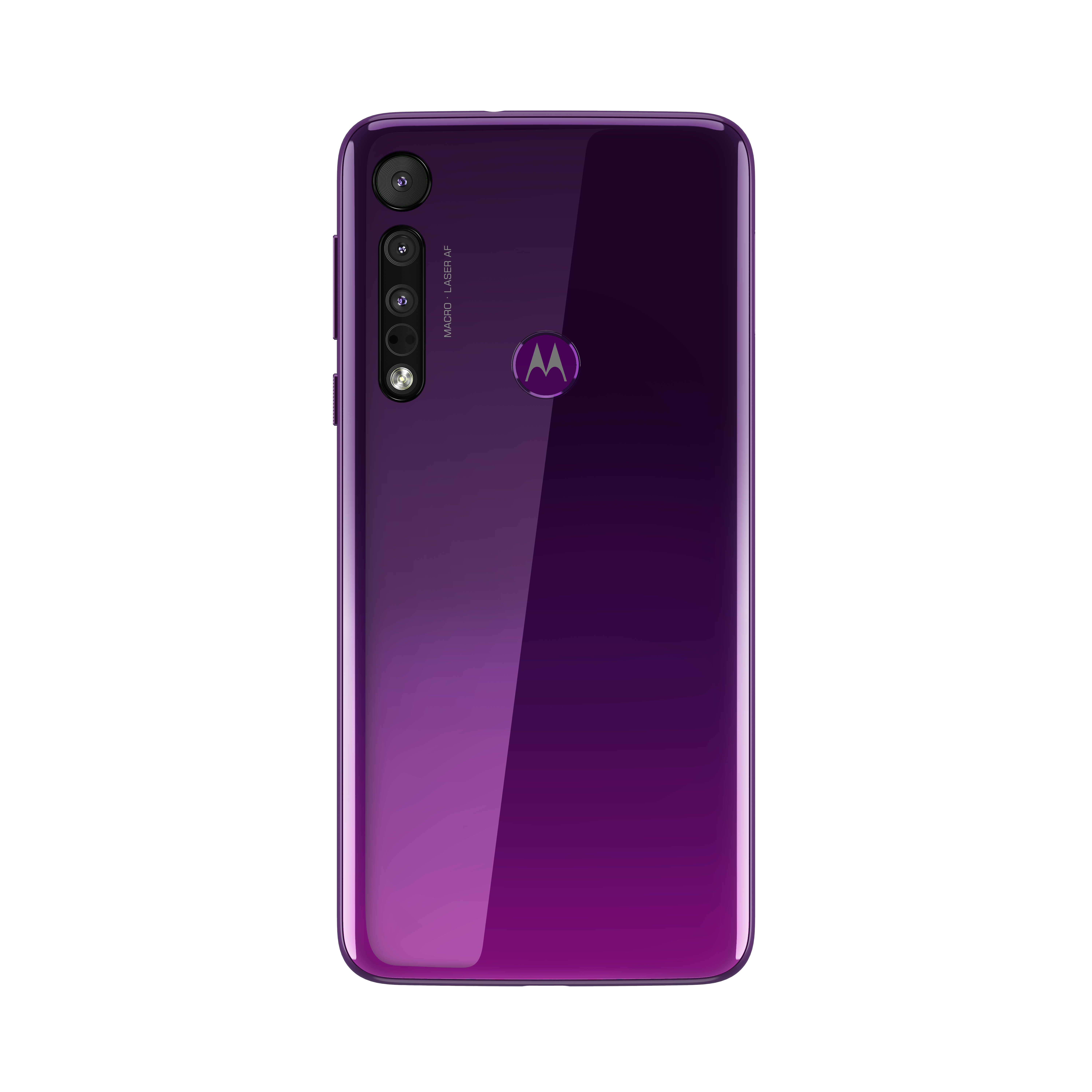 Rückseite eines lila Motorola-Telefons. Merkmale: mehrere Kameralinsen und Motorola-Logo.
