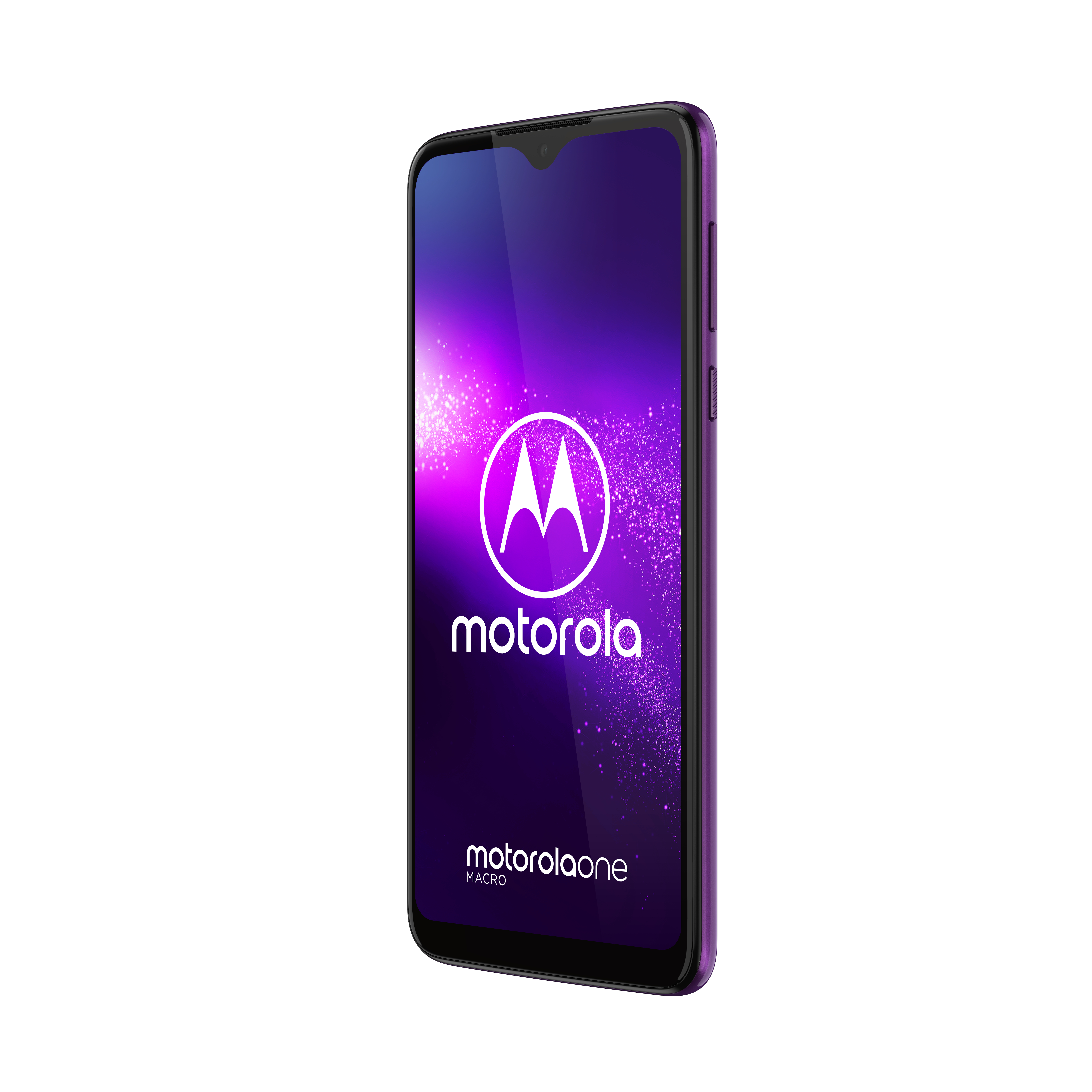 Lila Motorola-Telefon mit Logo auf dem Bildschirm. Das Telefon ist nach rechts geneigt. Weißer Hintergrund.