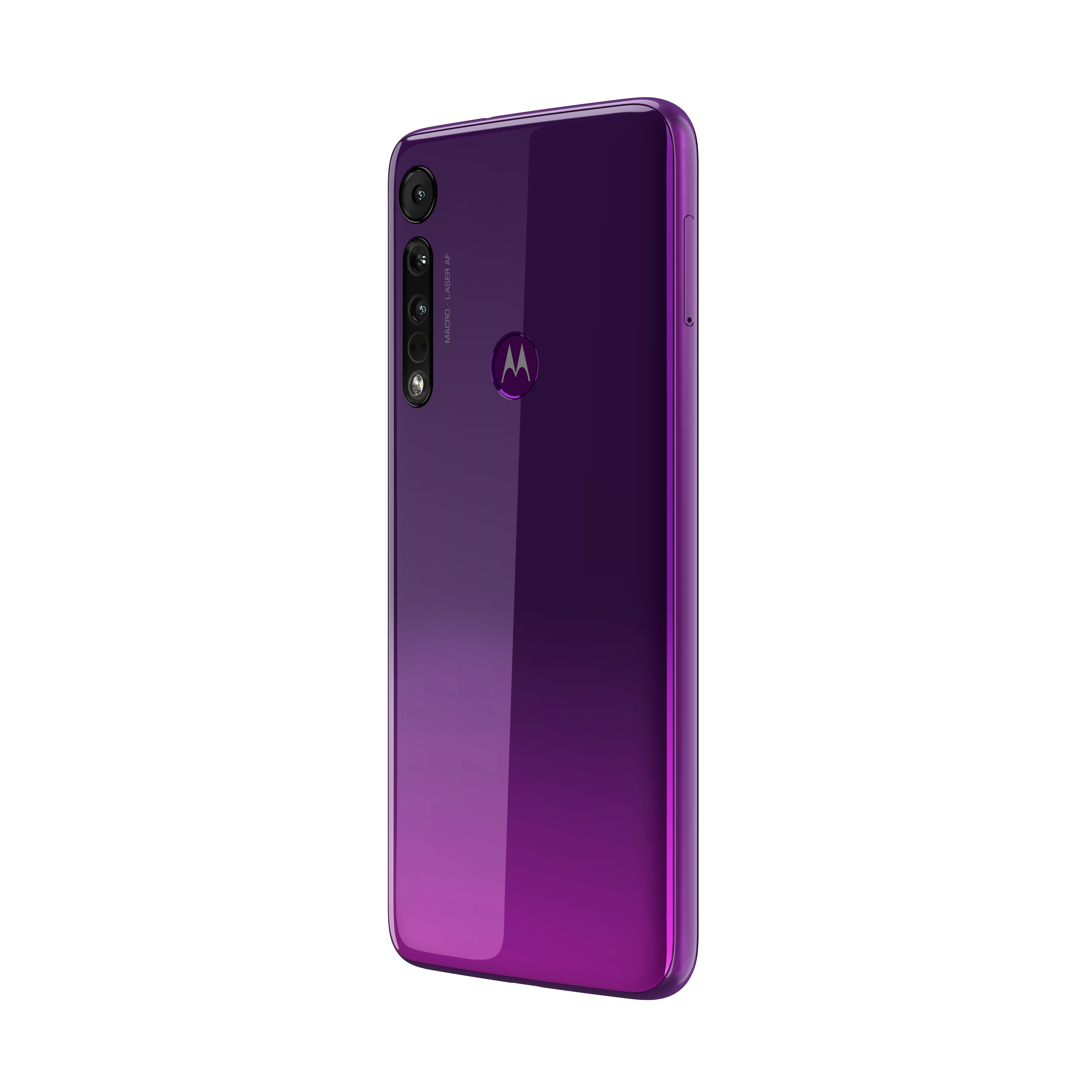 Lila Telefonrückansicht. Motorola-Logo und Dual-Kamera sichtbar. Weißer Hintergrund.