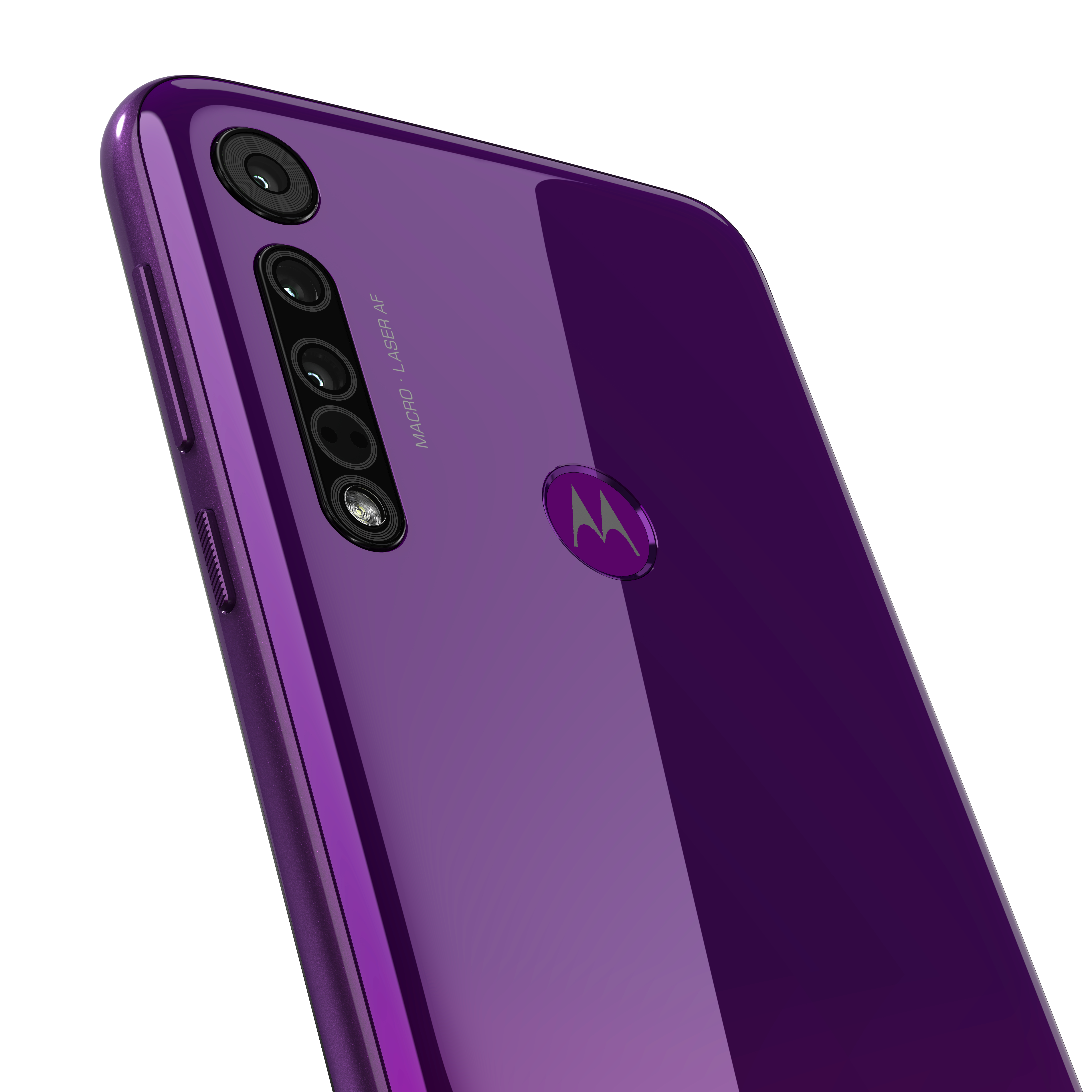 Lila Smartphone-Rückseite mit vier Kameras und Motorola-Logo.