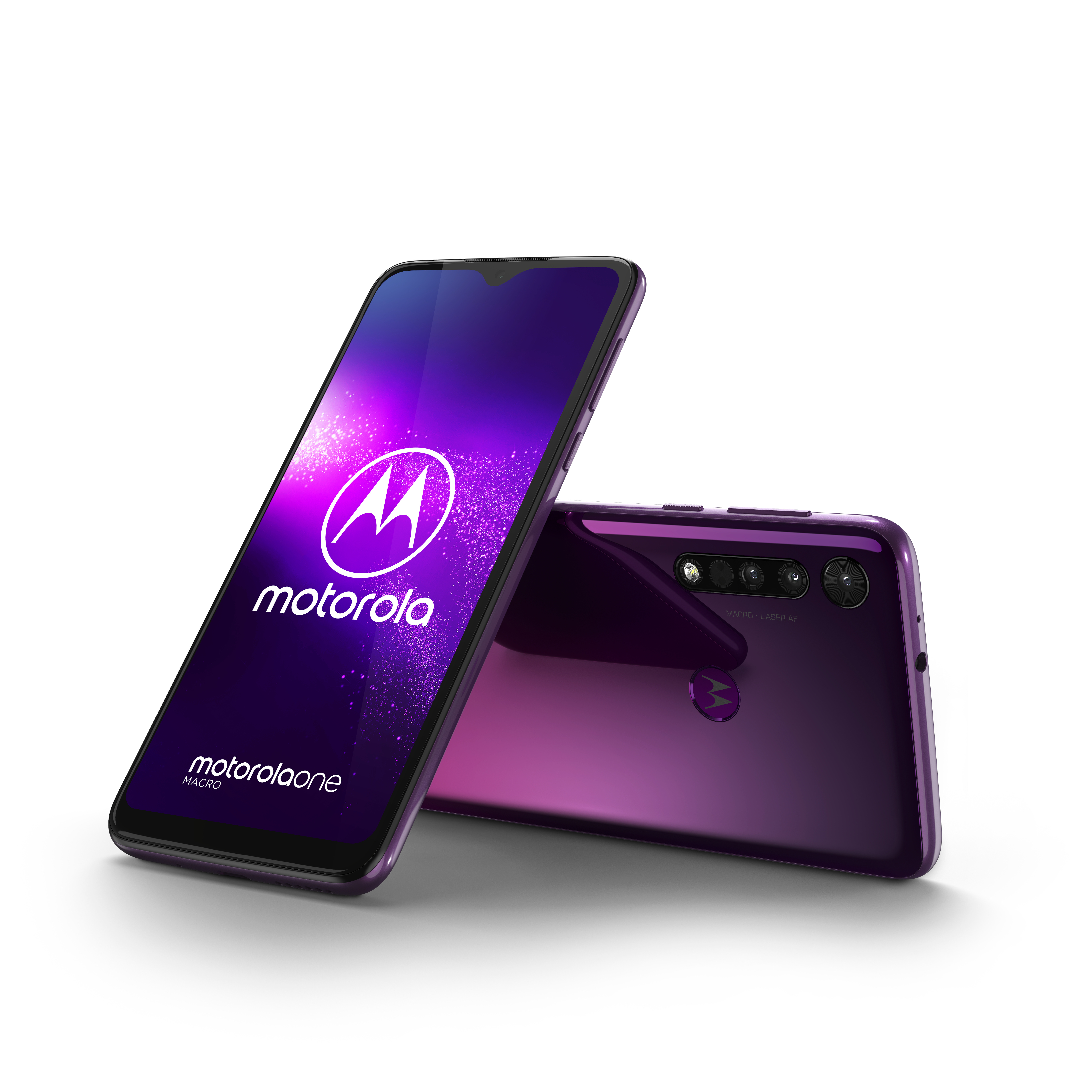 Lila Motorola-Telefon, Bildschirm zeigt Motorola-Logo, weißer Hintergrund.
