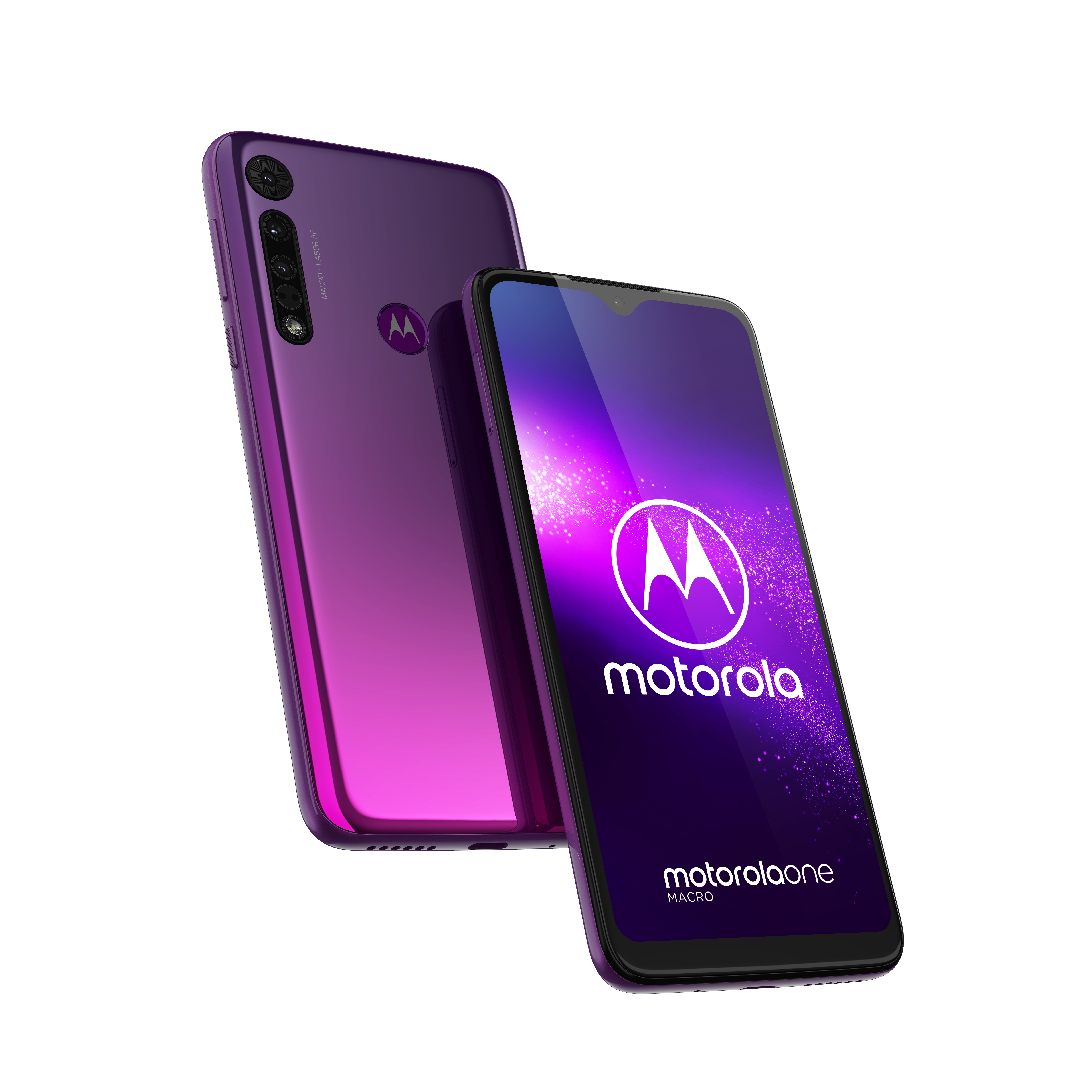 Lila Motorola-Telefon mit zwei Rückkameras und einem Bildschirm, der ein Logo und das Wort 'macro' anzeigt.