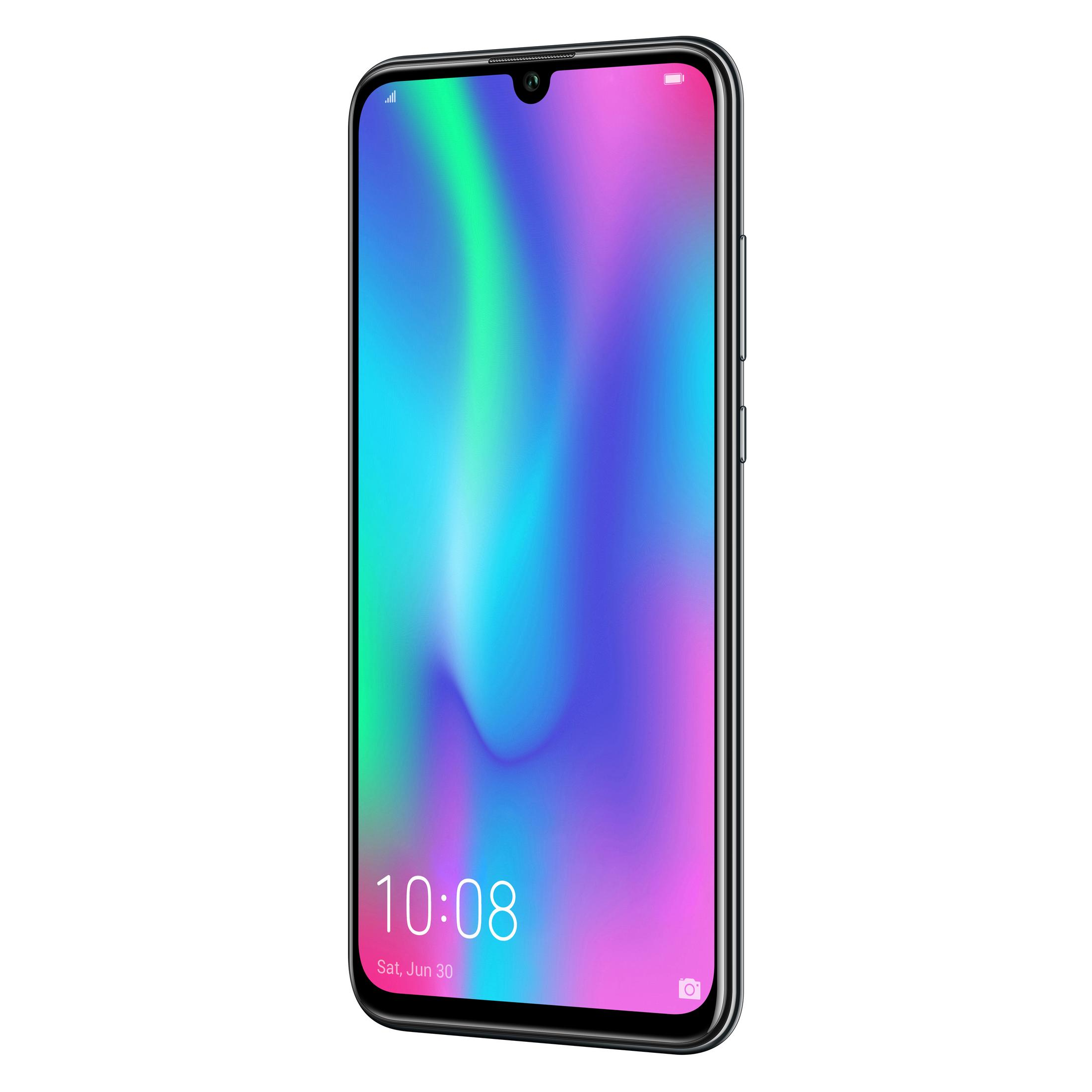 Schwarzes Smartphone mit abstraktem Design, Uhrzeit 10:08, auf weißem Hintergrund.