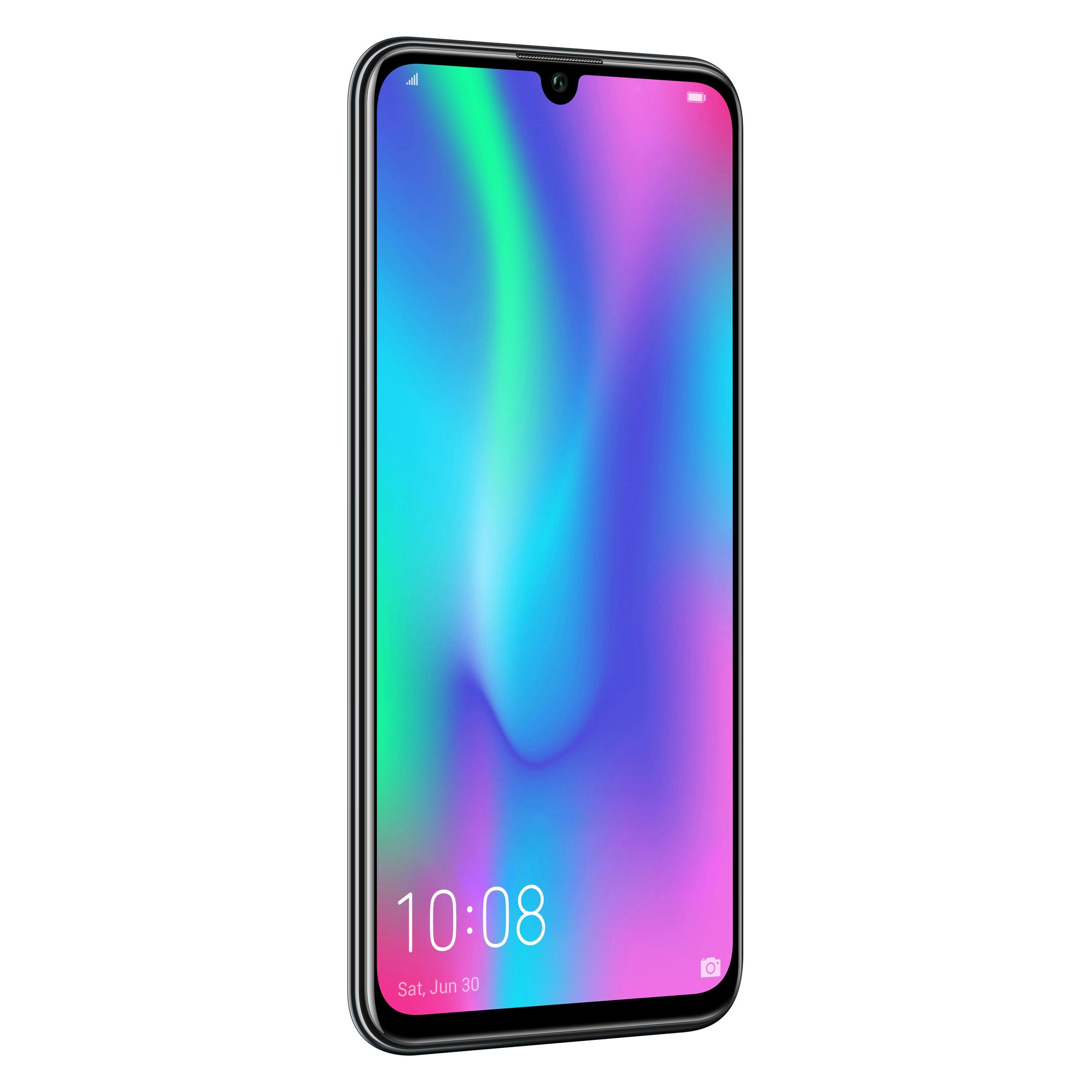 Honor Telefon angewinkelt. Bildschirm mit farbenfrohem Verlauf. Weißer Hintergrund.