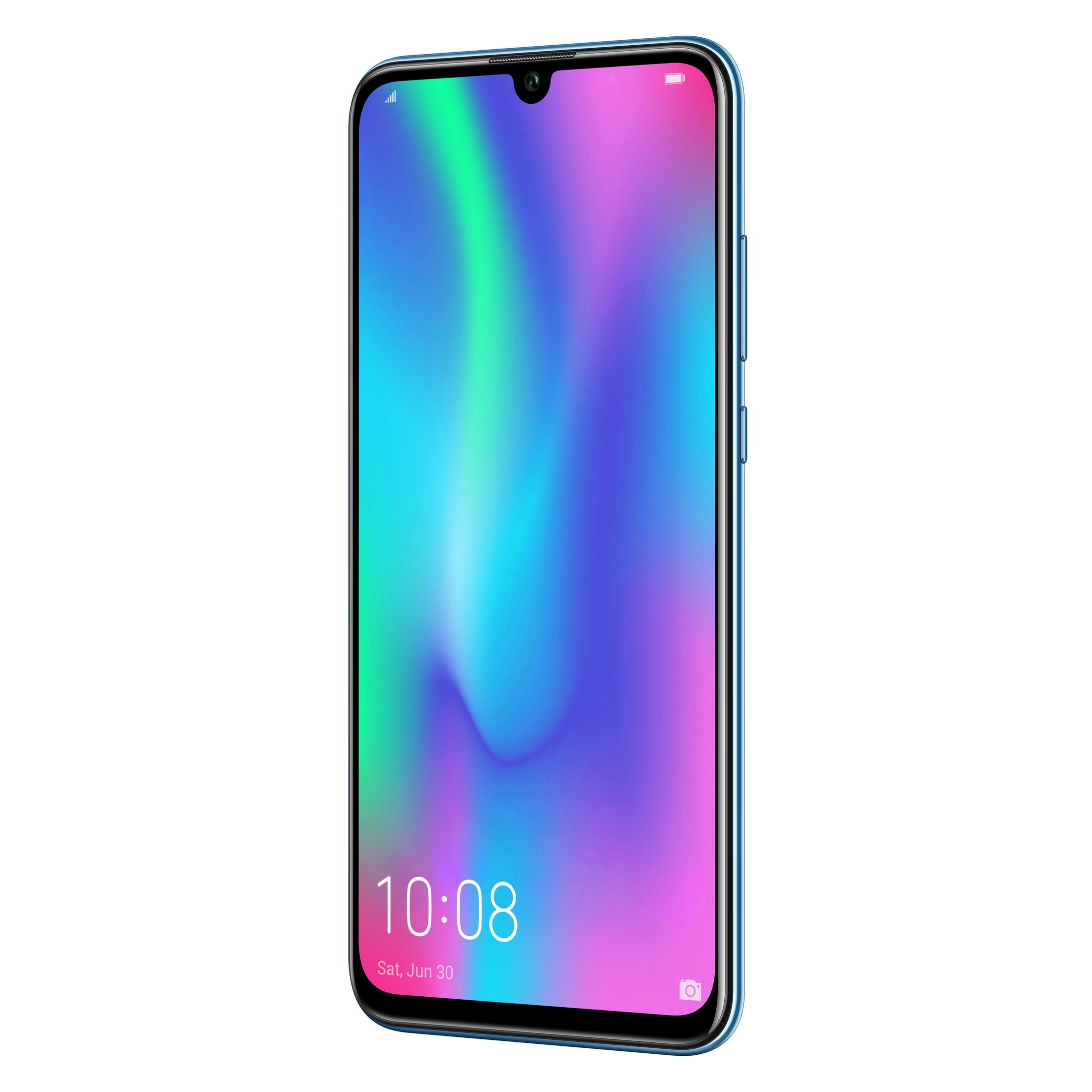 Blaues Telefon mit farbenfroher Bildschirmanzeige. Weißer Hintergrund. Die Uhrzeit ist 10:08.