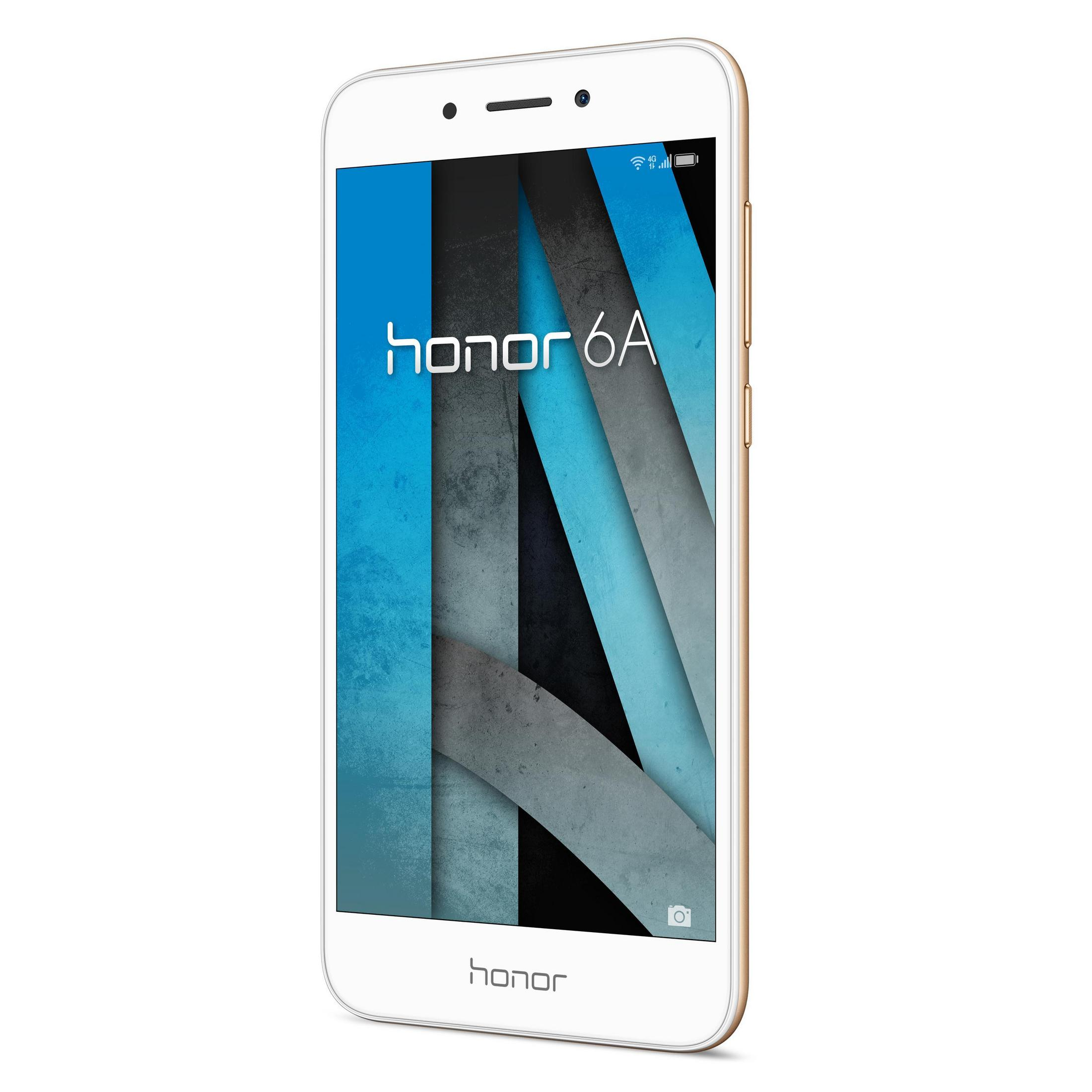 Ein weiß-goldenes Honor 6A-Telefon, abgewinkelt, zeigt einen Bildschirm mit blauem Hintergrund.