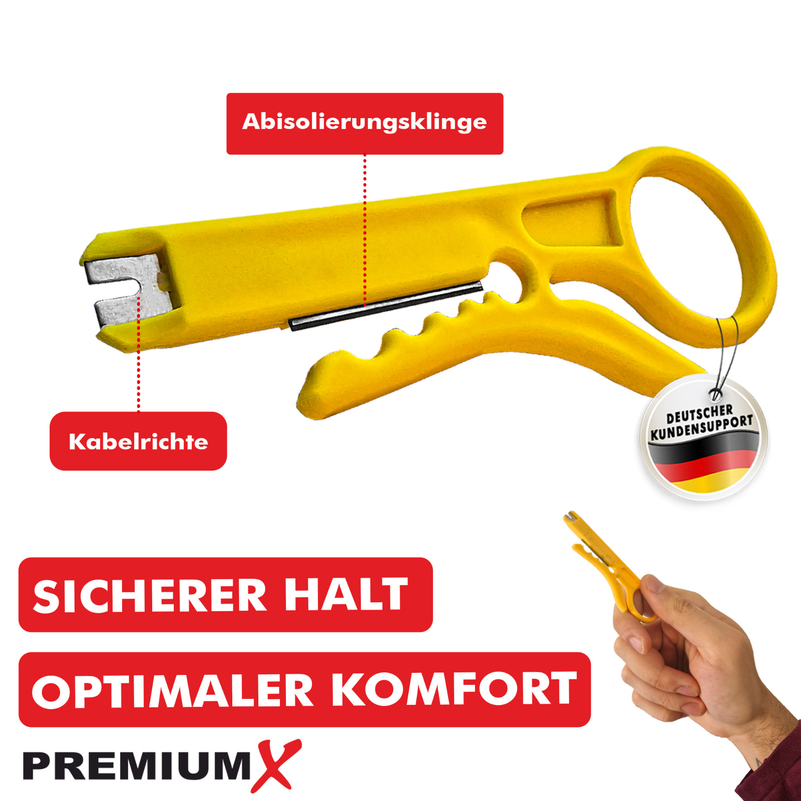Gelber Drahtabisolierer mit roten Etiketten und eine Hand, die ein kleines Werkzeug hält.
