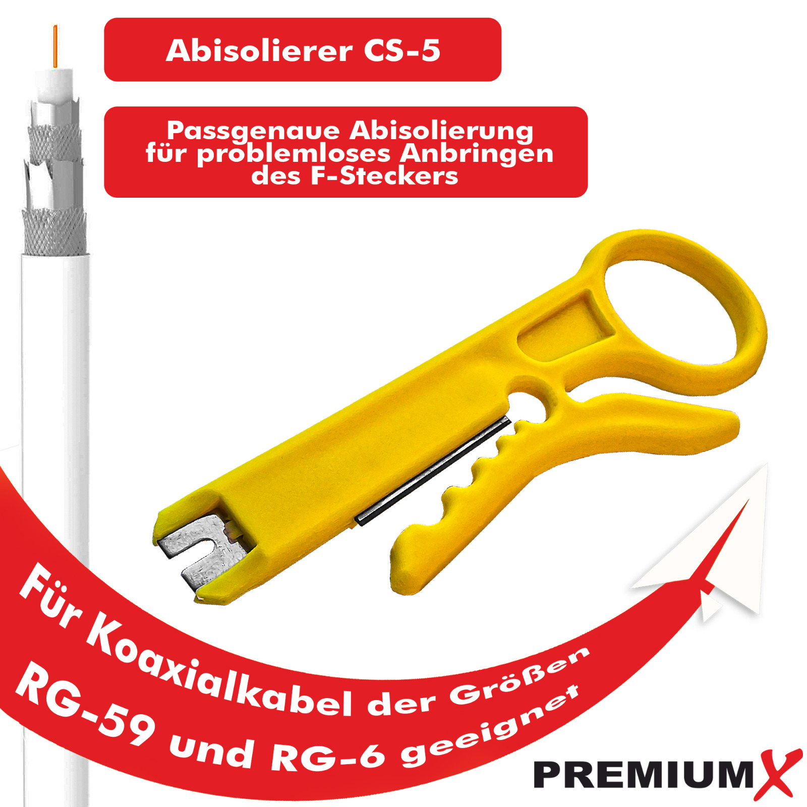 Kabelabisolierwerkzeug und weißes Kabel, roter Text, weißer Hintergrund.
