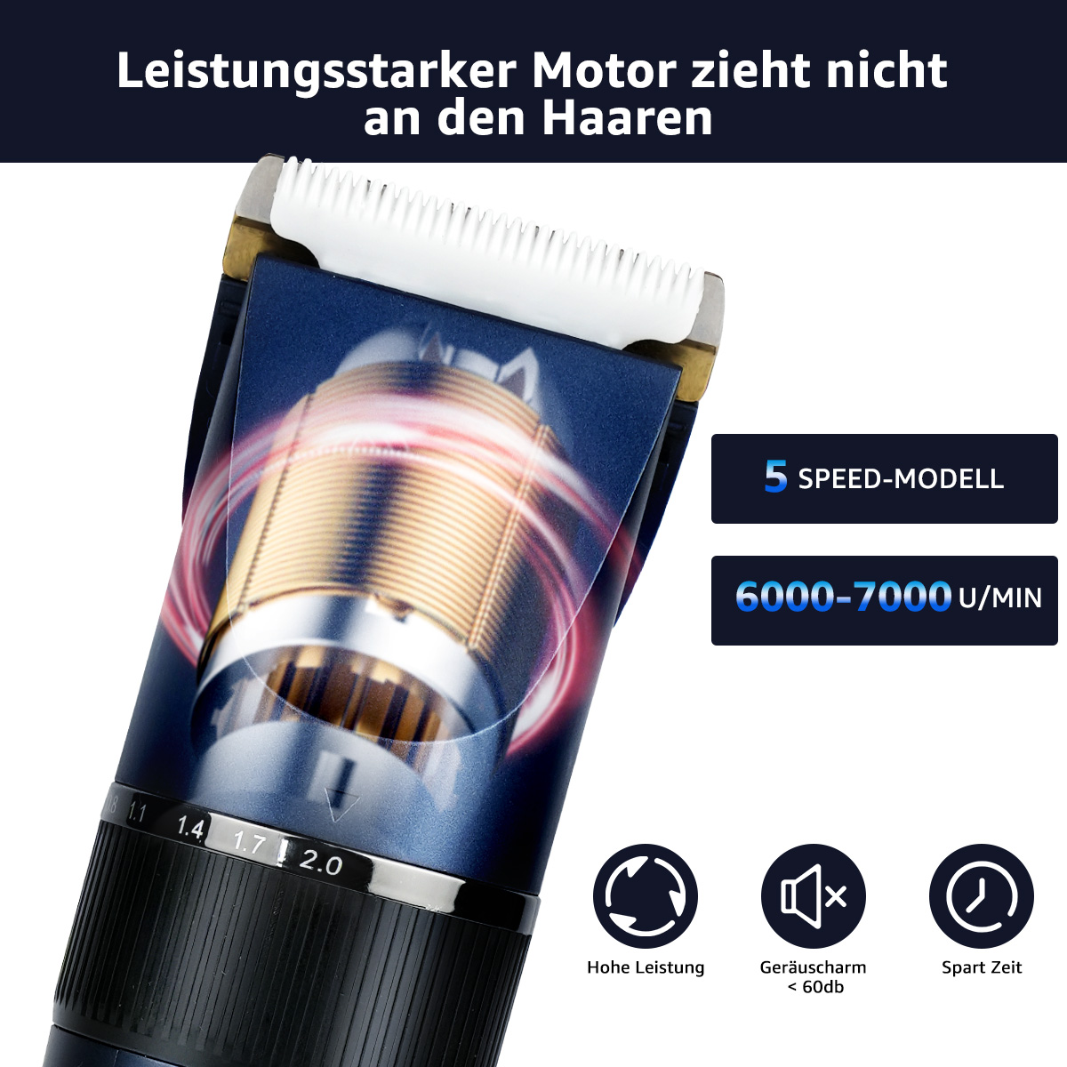 Nahaufnahme eines silber-schwarzen Haarschneiders mit Text über Geschwindigkeit, Leistung und geringe Geräuschentwicklung.