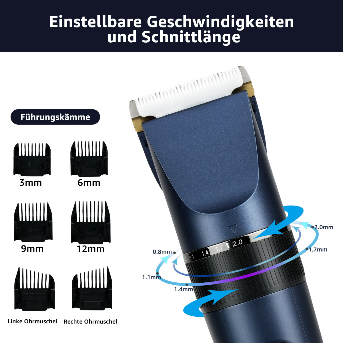 Haarschneider mit einstellbaren Schnittlängen und Kämmen. Das Gerät ist marineblau.