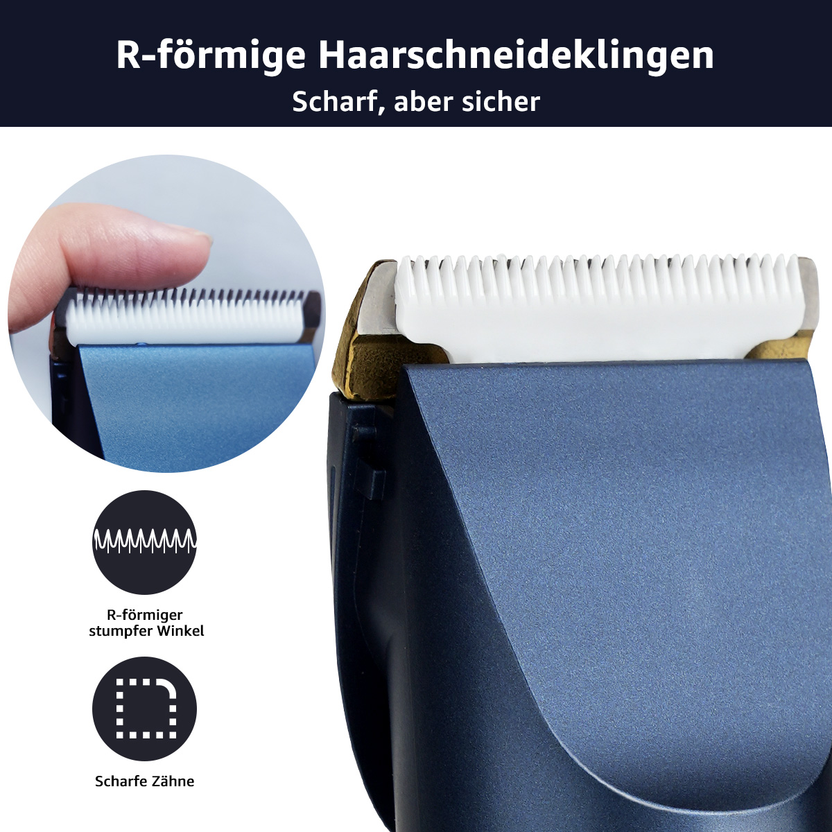 Nahaufnahme eines Haarschneiders mit scharfen Klingen und einem R-förmigen Winkel. Der Hintergrund ist blau.