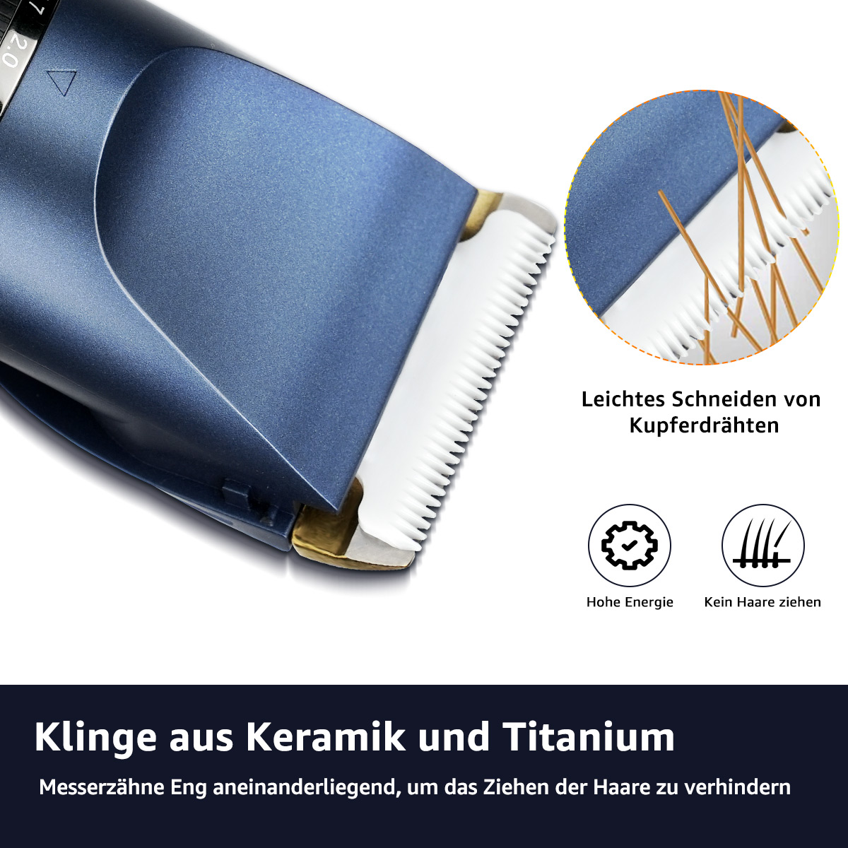 Nahaufnahme eines blau-silbernen Haarschneiders. Text beschreibt Keramik- und Titan-Klingen.