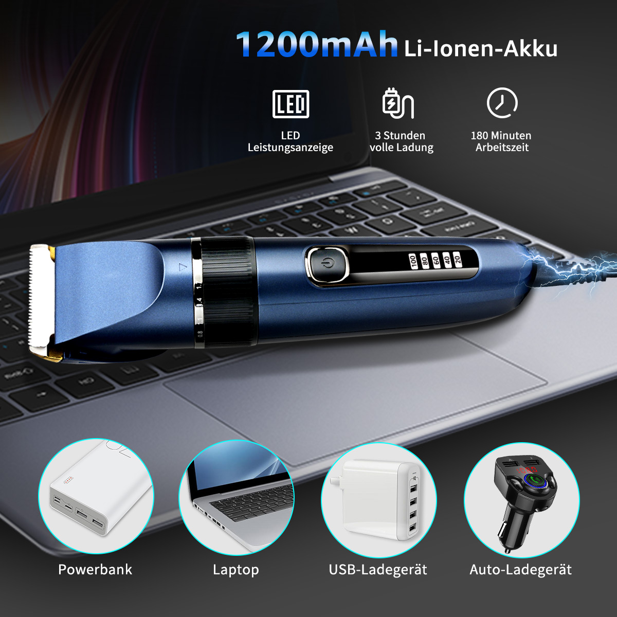 Blauer Haarschneider mit Powerbank, Laptop, USB-Ladegerät und Autoladegerät. Text: 1200mAh Akku.
