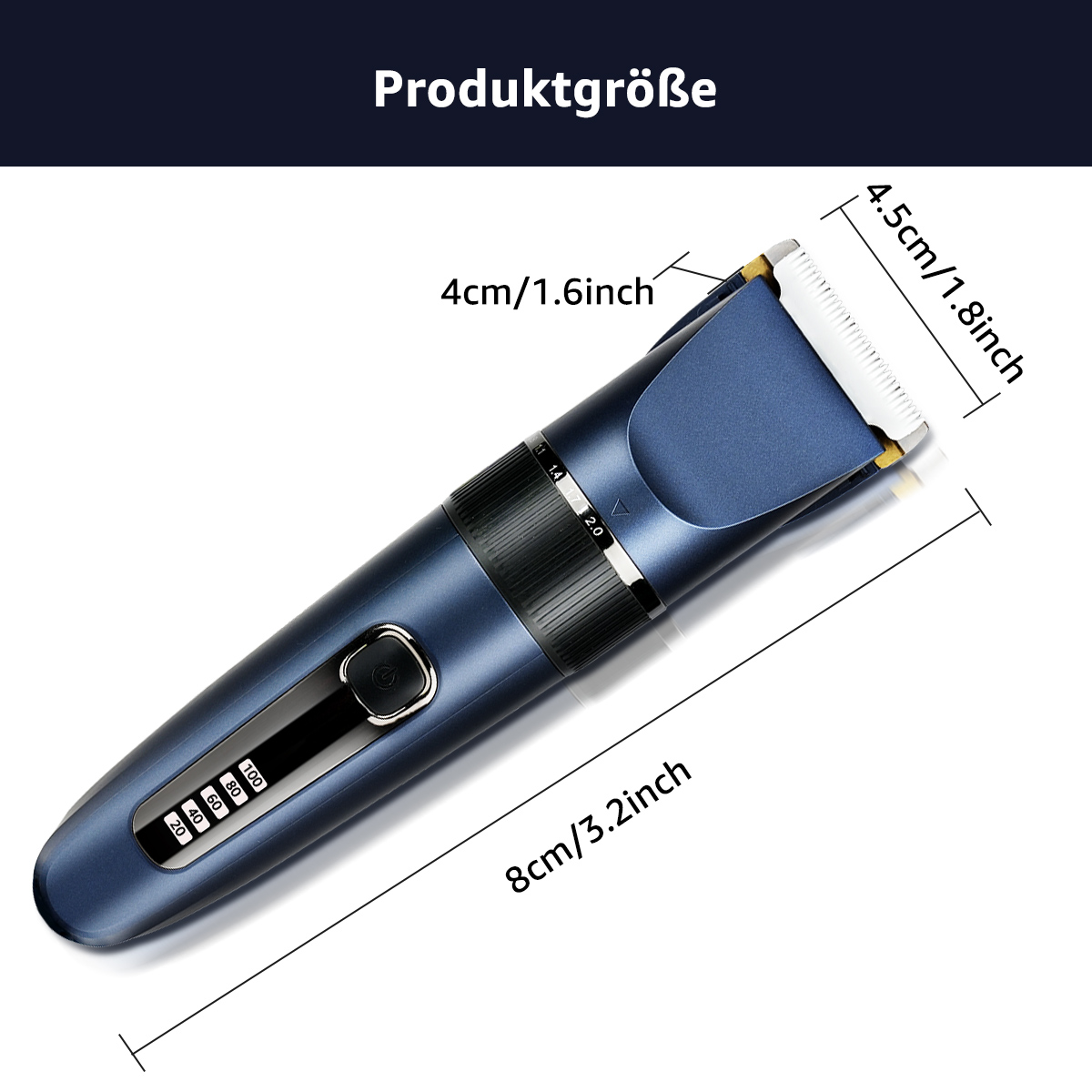 Blauer und schwarzer elektrischer Haarschneider mit den Maßen: 8 cm/3,2 Zoll, 4 cm/1,6 Zoll und 4,5 cm/1,8 Zoll.