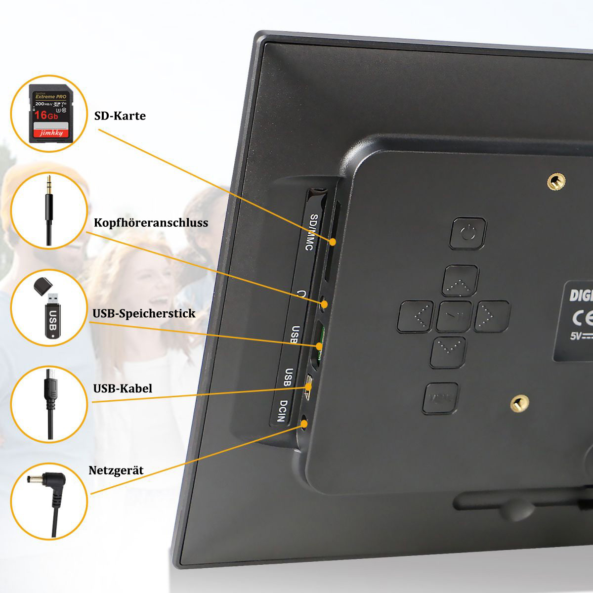 Tył cyfrowej ramki na zdjęcia, pokazujący porty i przyciski, z akcesoriami.