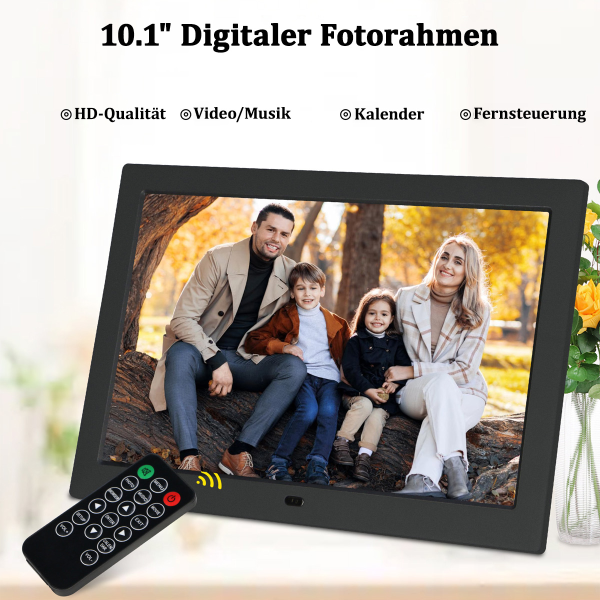 Cyfrowa ramka na zdjęcia z rodzinnym zdjęciem, z pilotem i tekstem o funkcjach.