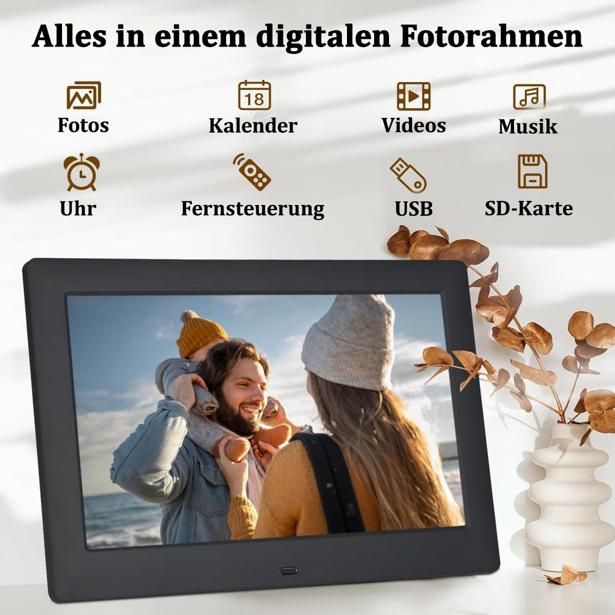 Cyfrowa ramka na zdjęcia wyświetlająca zdjęcie rodzinne. Ikony zdjęć, kalendarza, filmów, muzyki itp.