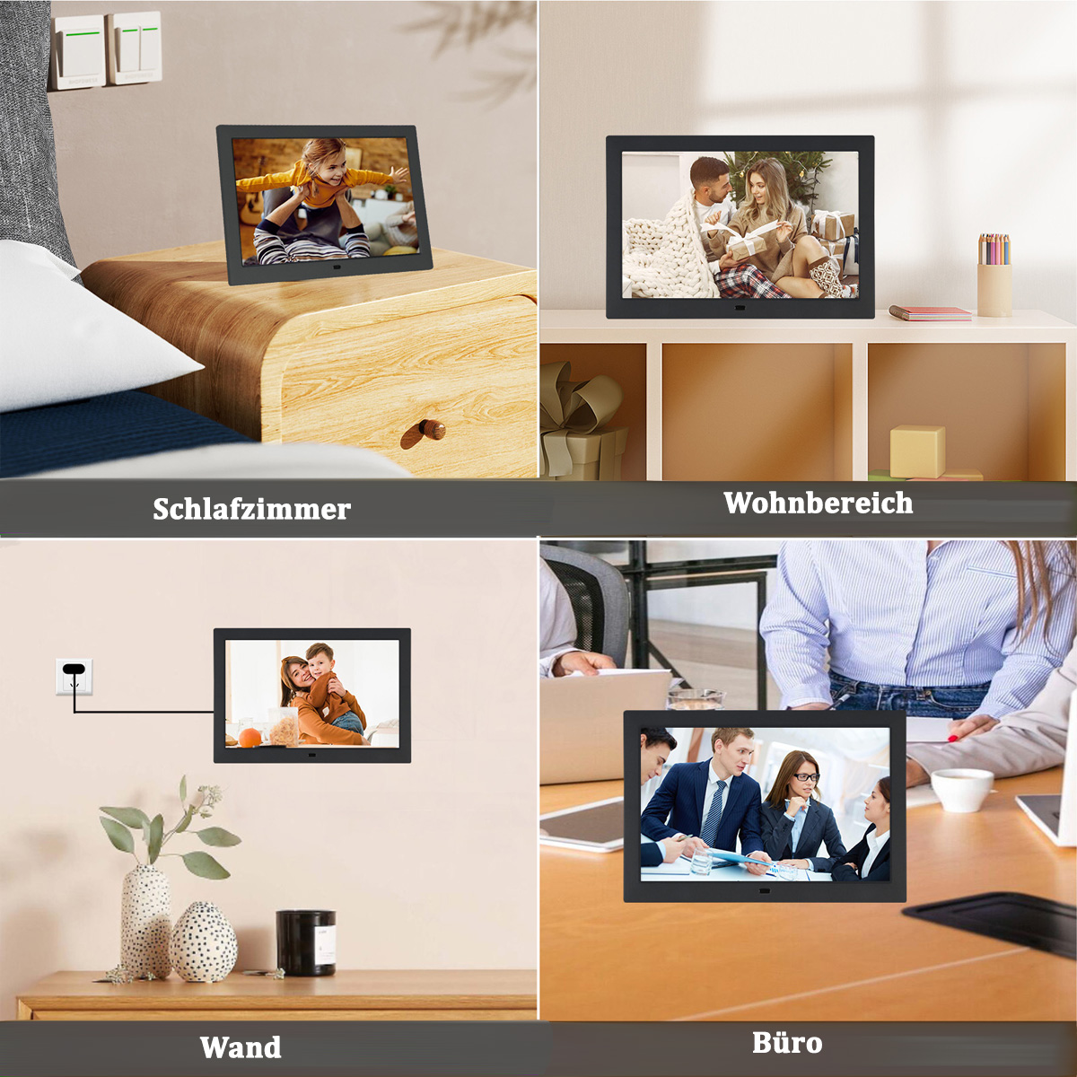 Cztery obrazy przedstawiają cyfrowe ramki na zdjęcia w sypialni, salonie, na ścianie i w biurze.