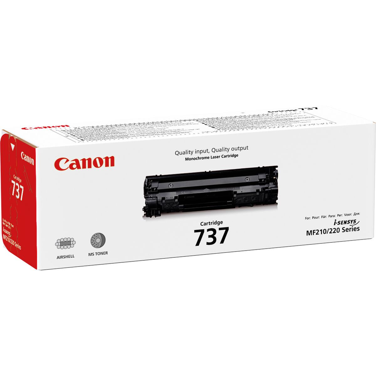 Pudełko z tonerem Canon 737. Posiada logo Canon i informacje o produkcie.