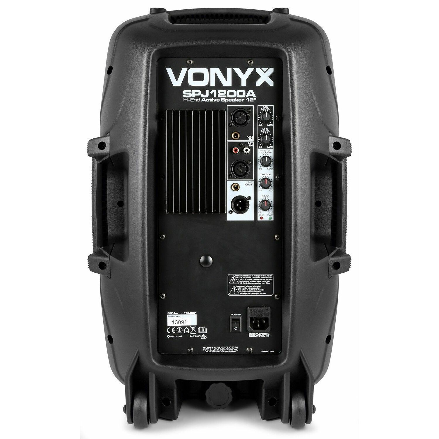 Zwarte Vonyx PA-luidspreker achterkant, met ingangen, bedieningselementen en aan/uit-schakelaar.