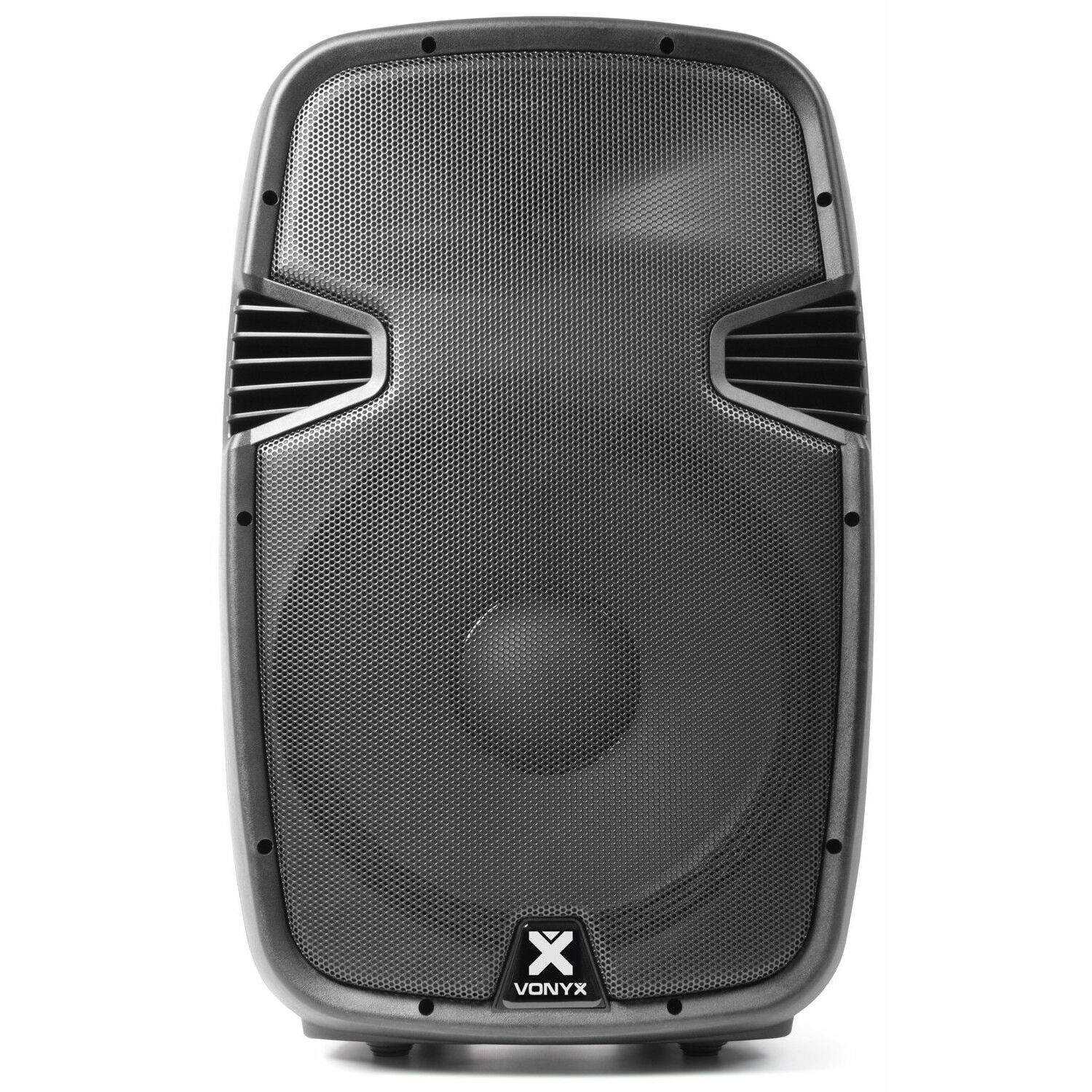 Zwarte Vonyx-luidspreker. Grillafdekking, twee horizontale ventilatieopeningen, Vonyx-logo.
